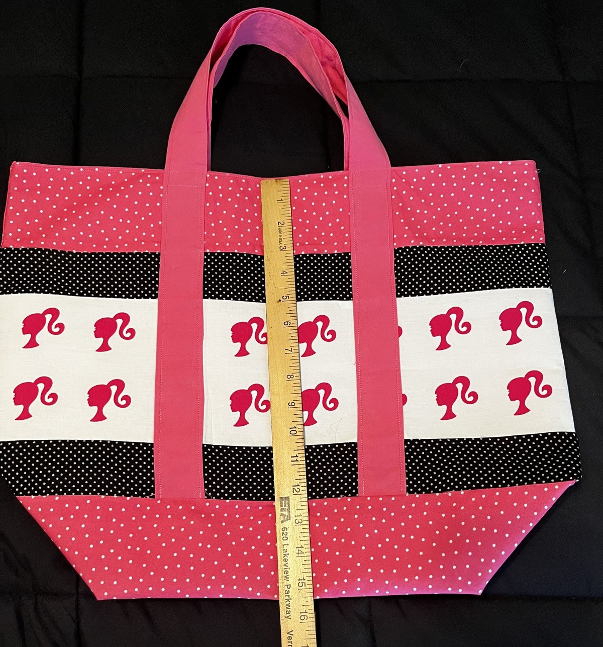 BARBIE NEW Handmade Large Tote bag w/ Barbie ponytail fabric, black, & hot pink