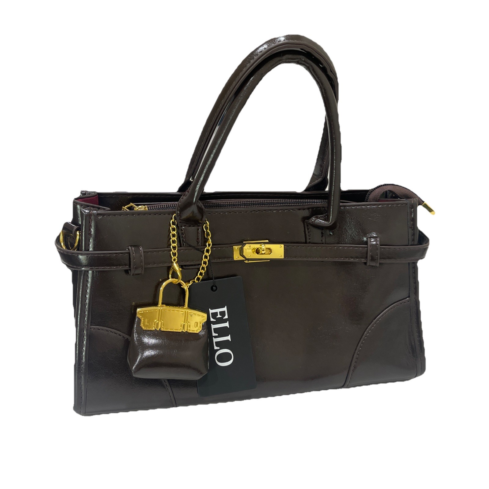 Ello Glossy Handbag W/ Matching Mini Bag Charm Coffee Brown