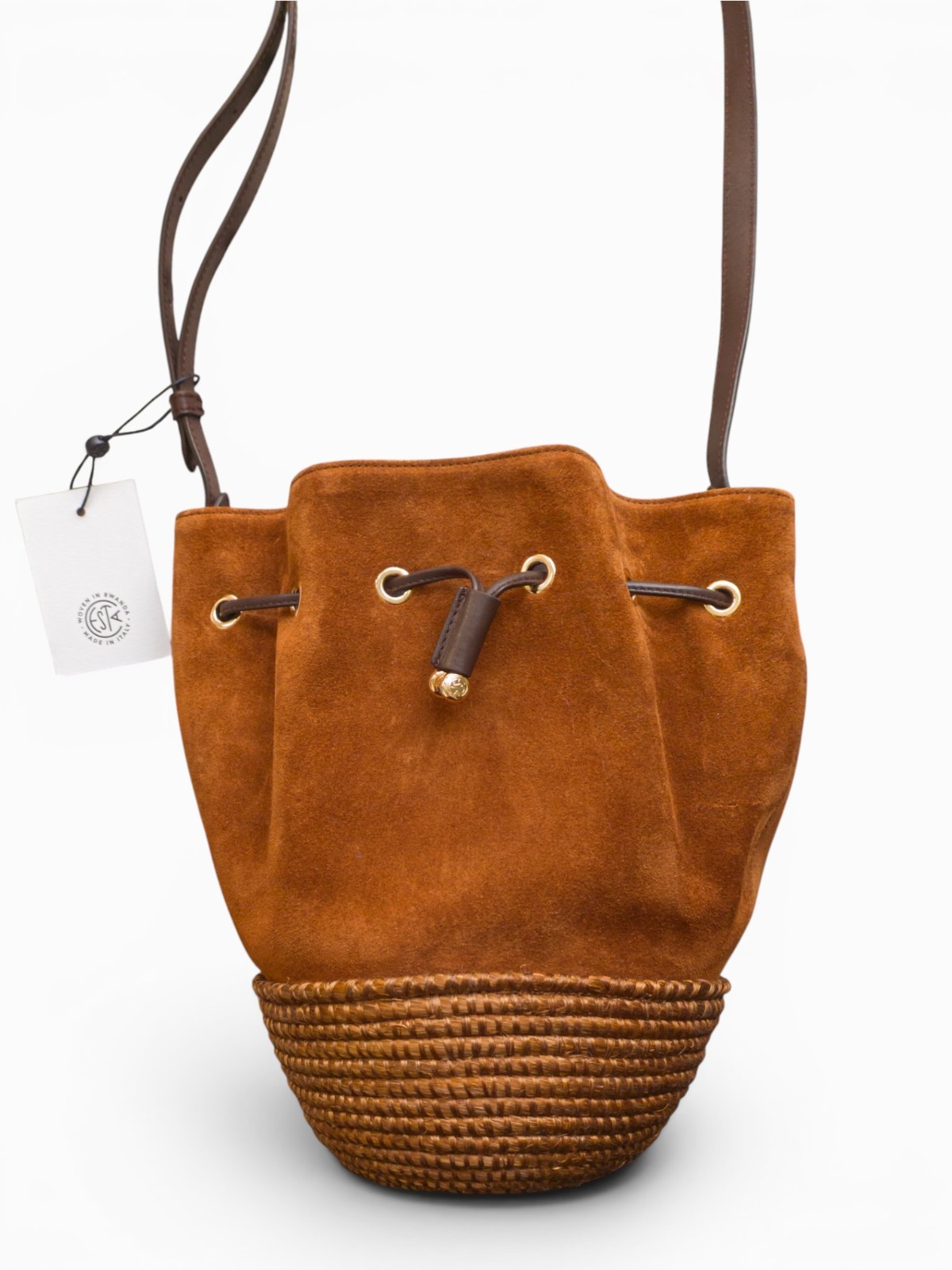 Cesta Collective Chestnut Suede Bucket Bag Woven Sisal Crossbody