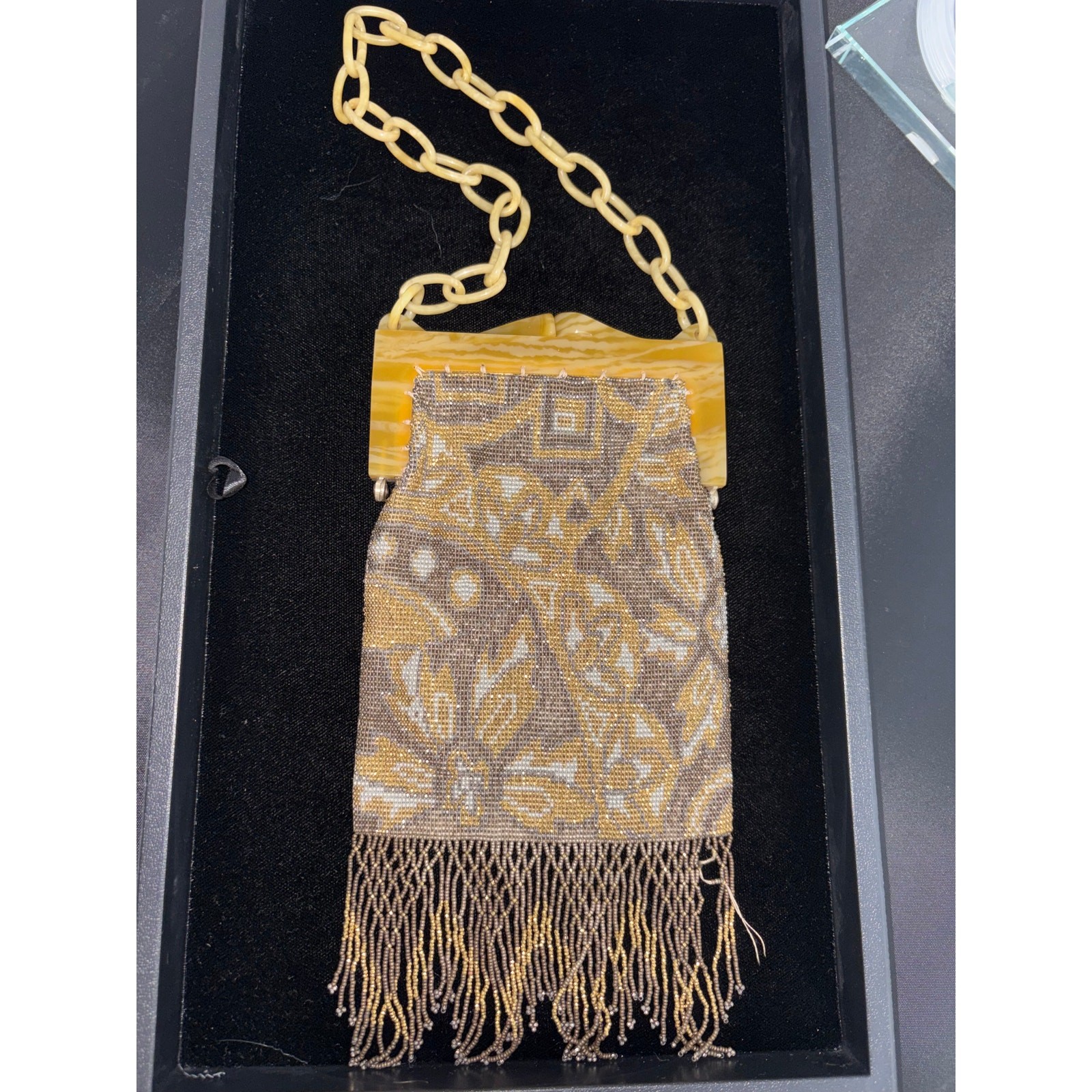 French Steel‑Beaded Evening Purse – 1920s–Early 1930s – Marbled Celluloid Frame