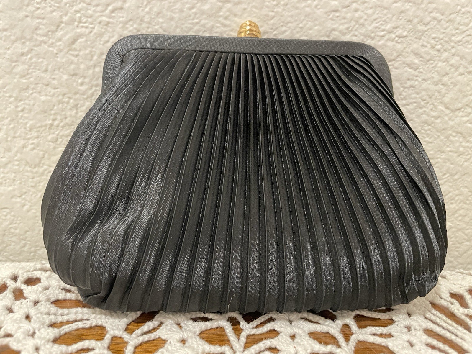 Small Black Satin Pleated Handbag 5 1/2 X 7 Inch Gold and Cord Shoulder Straps