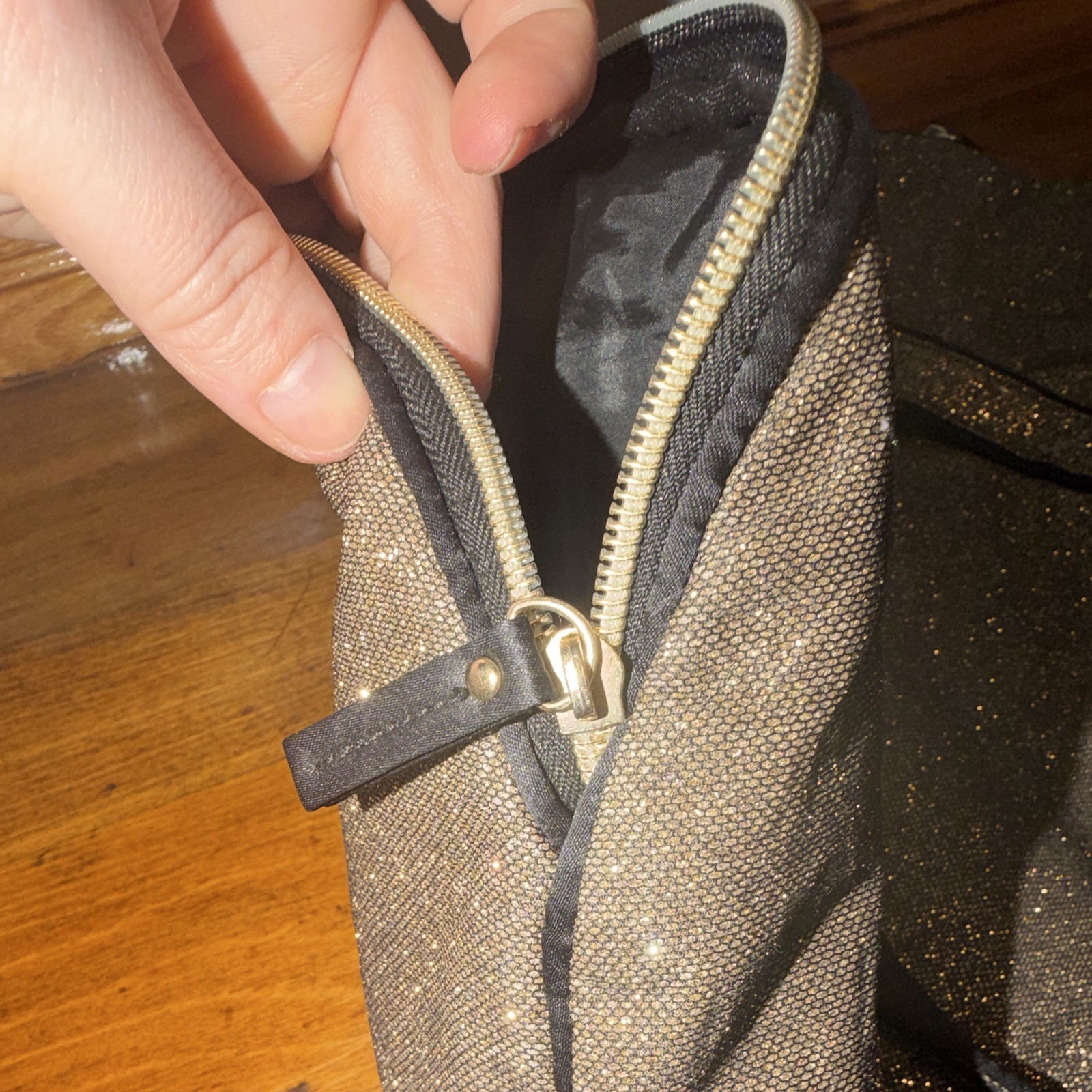 Victoria’s Secret Metallic Gold Glitter Lined Zip Tote, Black Double Handles
