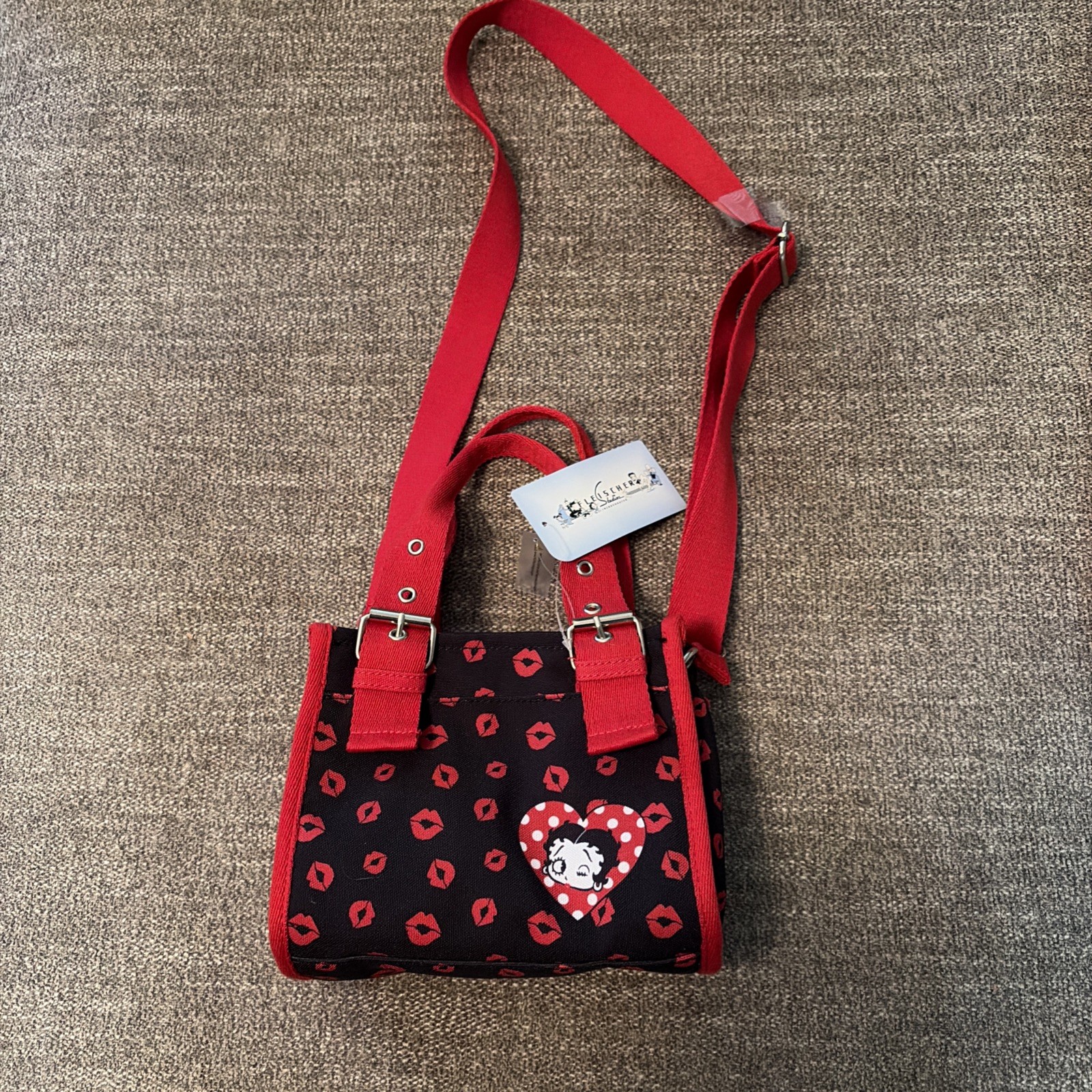 New-Betty Boop Mini Tote Crossbody Bag Red Lips Print Canvas Adjustable Strap