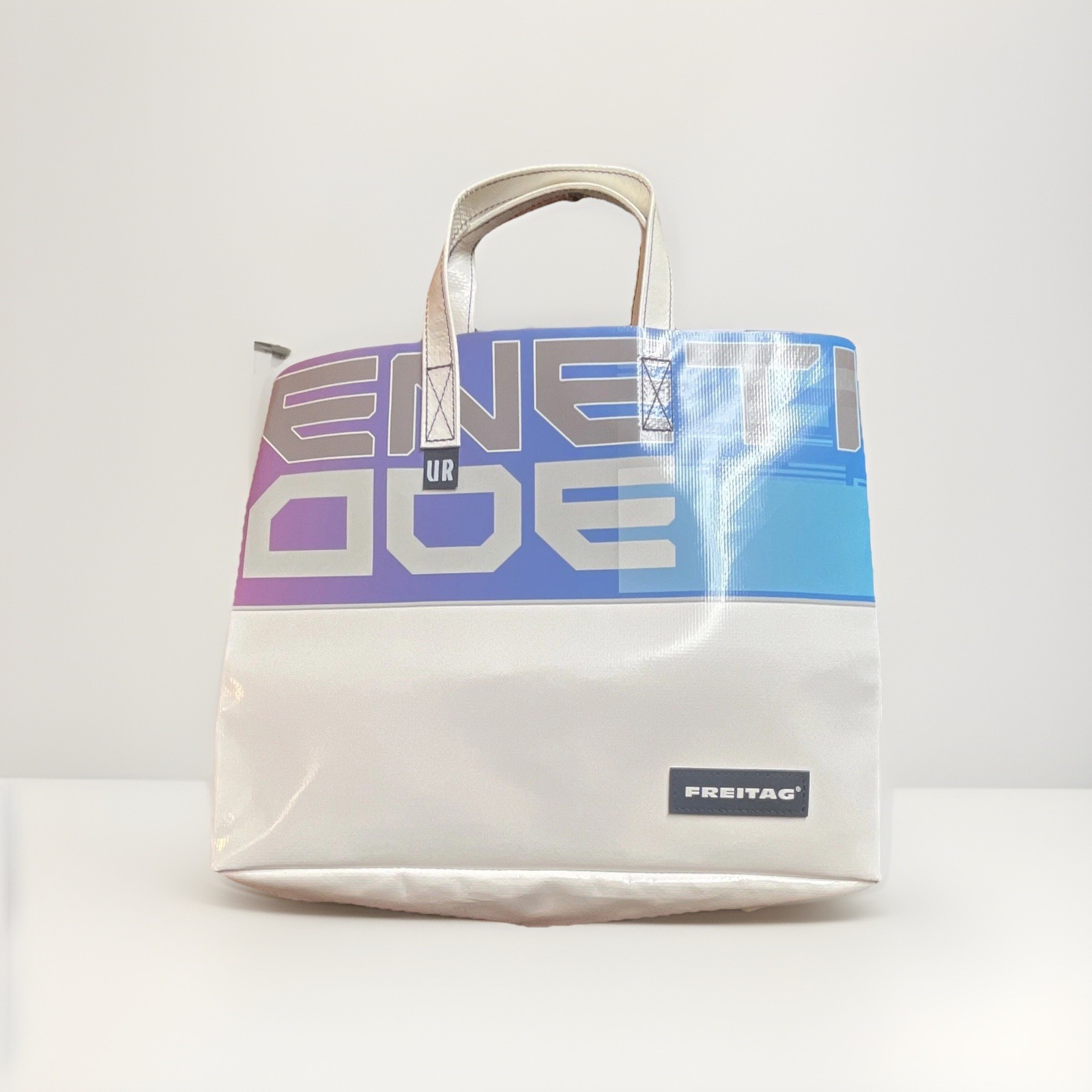 FREITAG Colorblock Top Handle Tote Bag White Blue Purple Logo w/ Brand Card