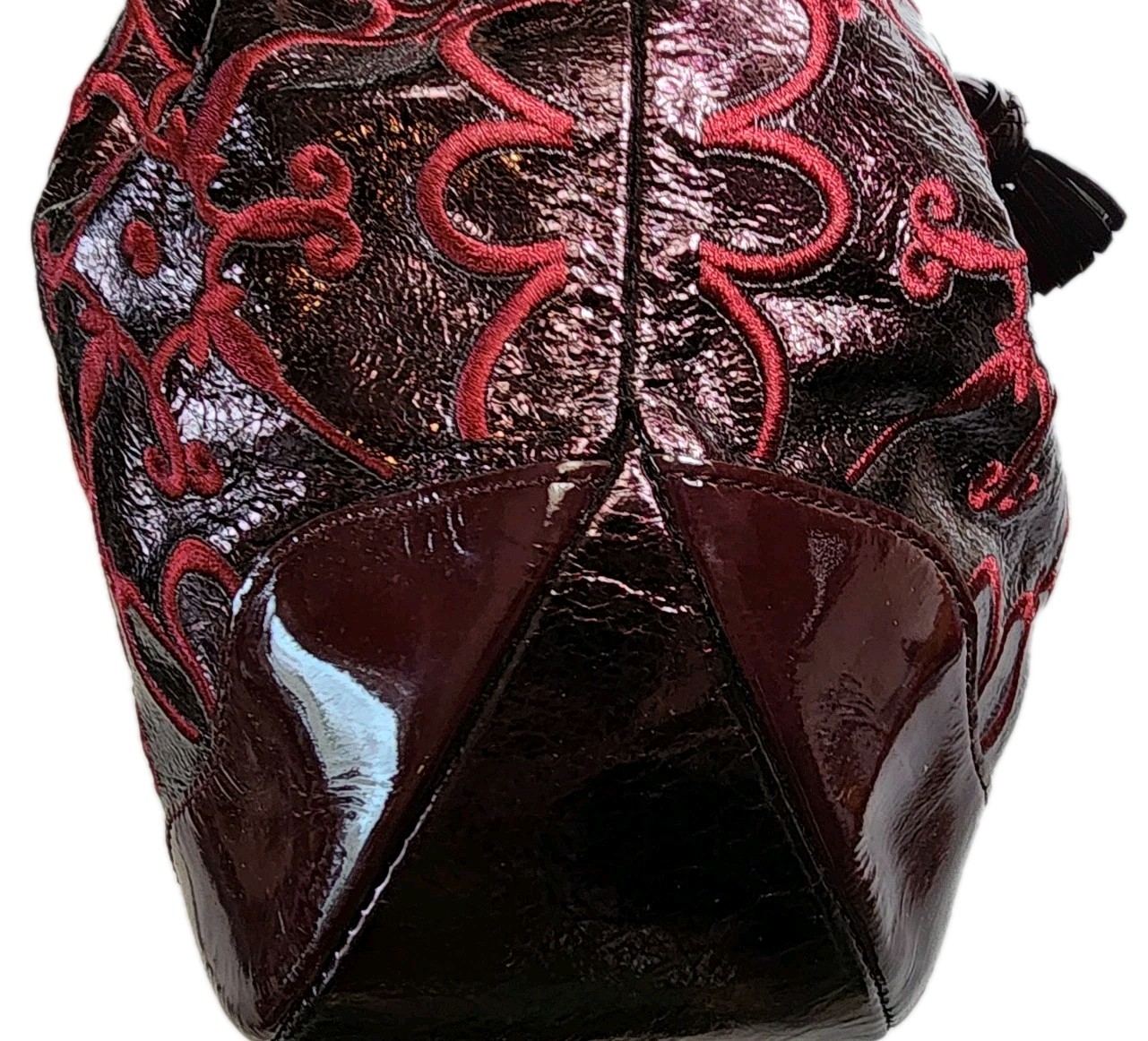 BRIGHTON VALENCIA BLACK CHERRY FLORAL EMBROIDERED TASSELED HANDBAG SHOULDER BAG