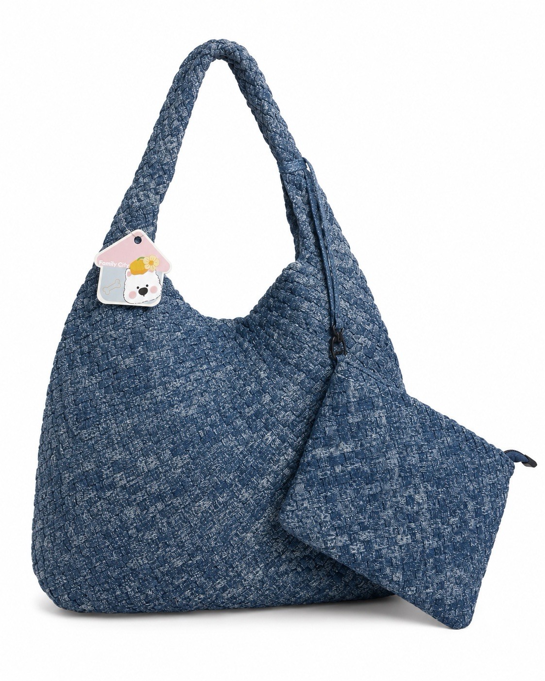 Blue Heathered Woven Knit Hobo Shoulder Bag With Matching Pouch 14 X 13 Approx