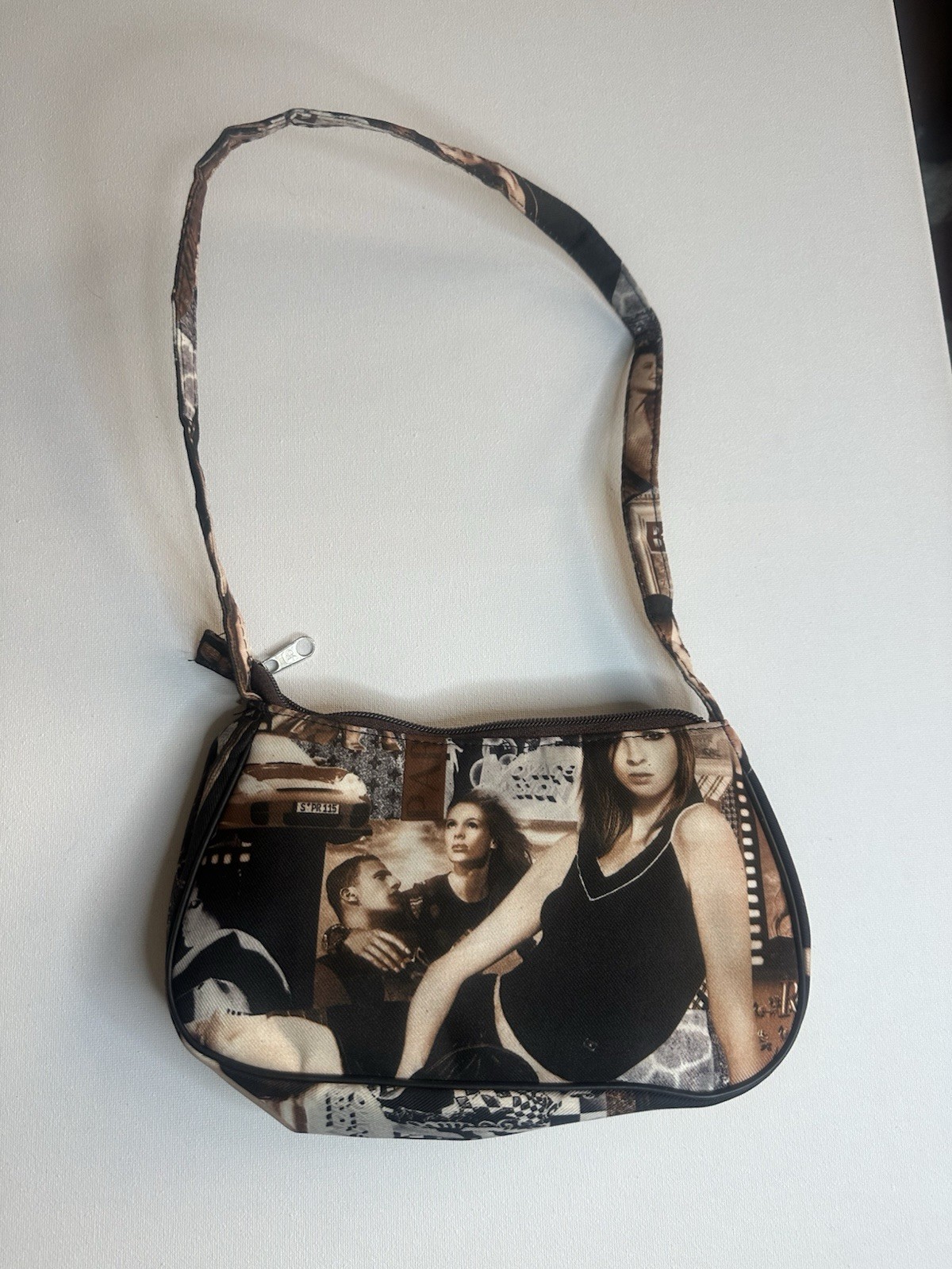 Vintage Style Photo Collage Shoulder Bag with Eco-Leather Trim