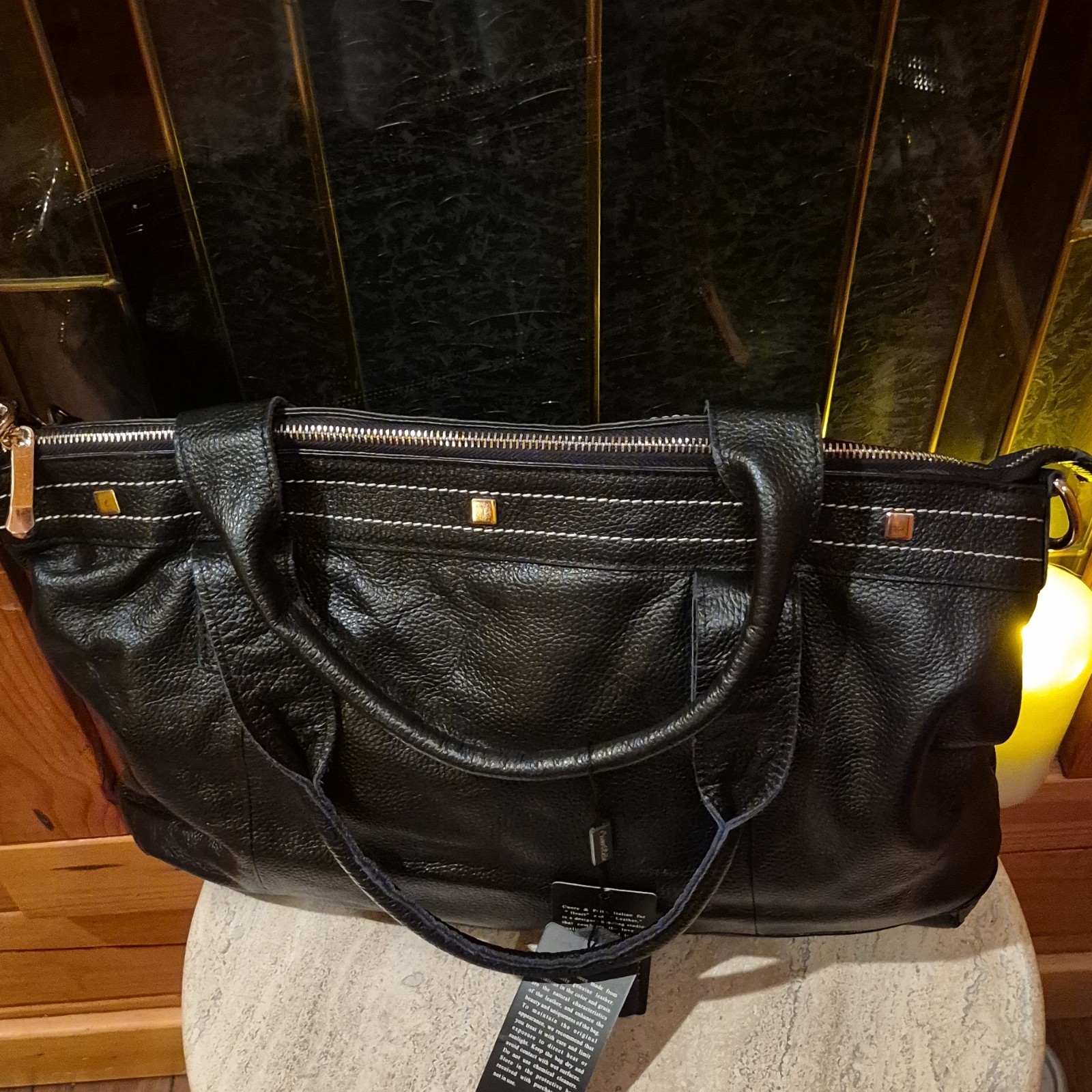 Cuore & Pelle Black Pebbled Satchel Zip Top Detachable Strap Gold