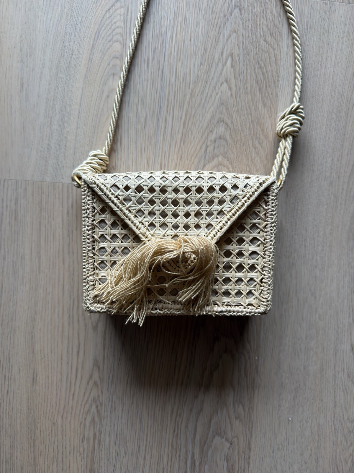 Beige Woven Shoulder Bag Small Lined Tassel Flap Rope Strap Gold Hardware