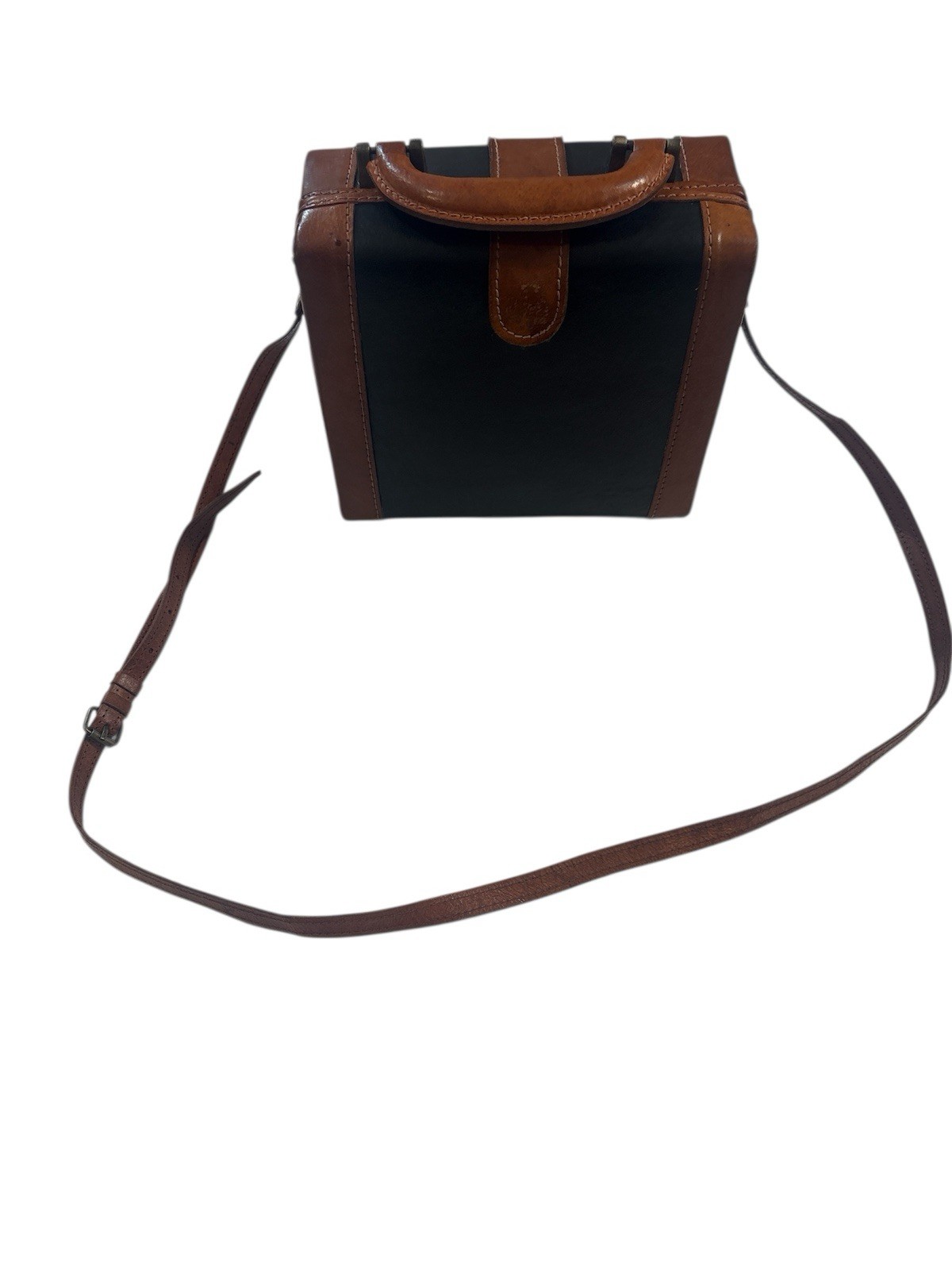 Leather Vintage box-shaped crossbody bag Black With Brown Trim