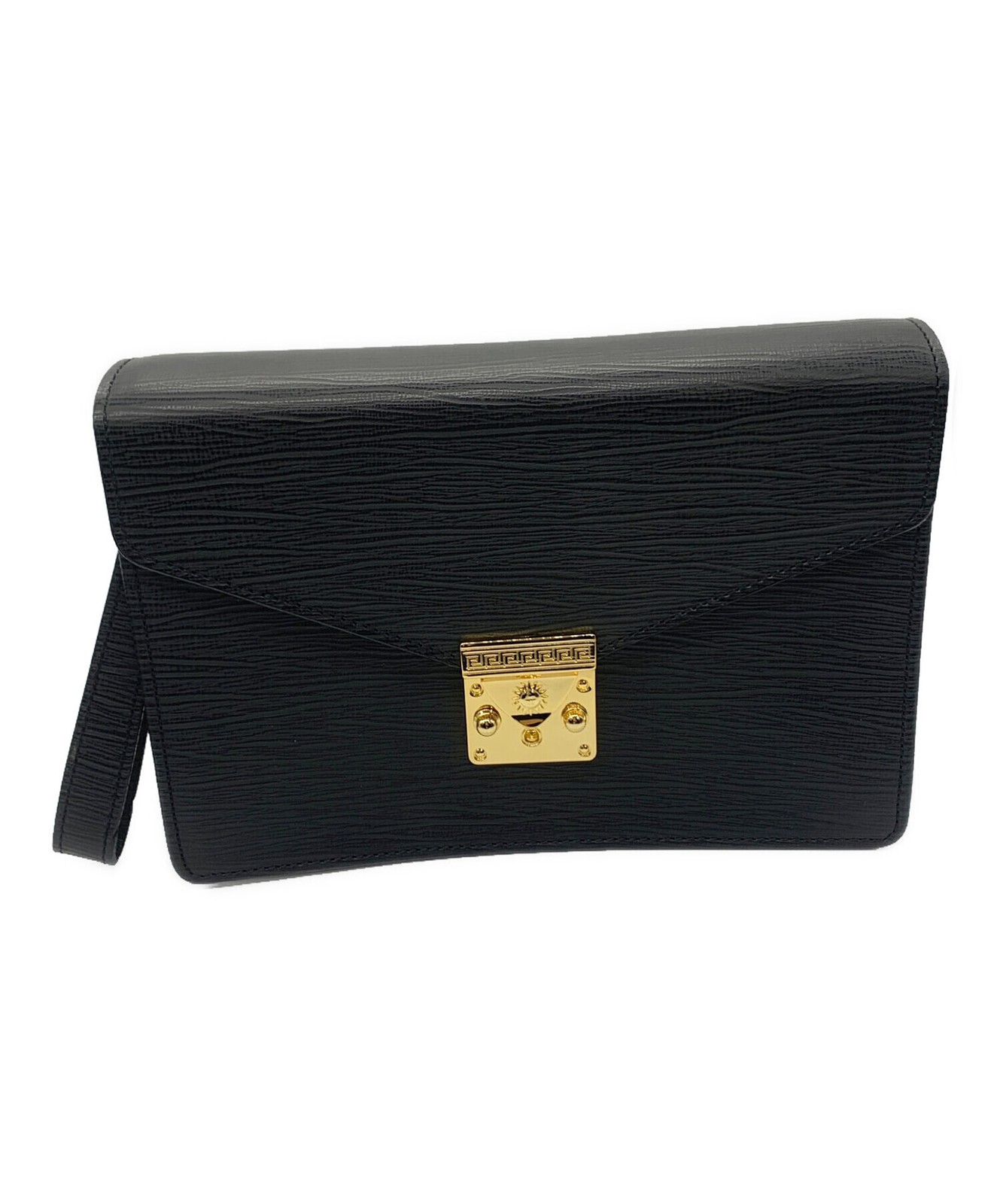 Gianni Versace Black Leather Clutch Bag Gold Hardware Flap Auth