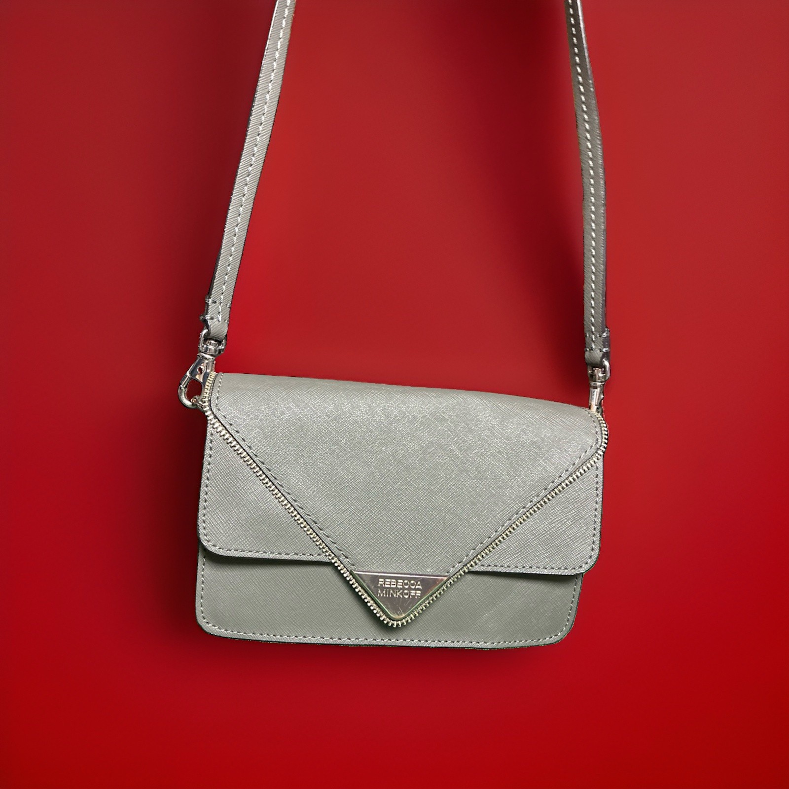 Rebecca Minkoff Avery Envelope Crossbody Bag Metallic Silver Gray Leather Purse