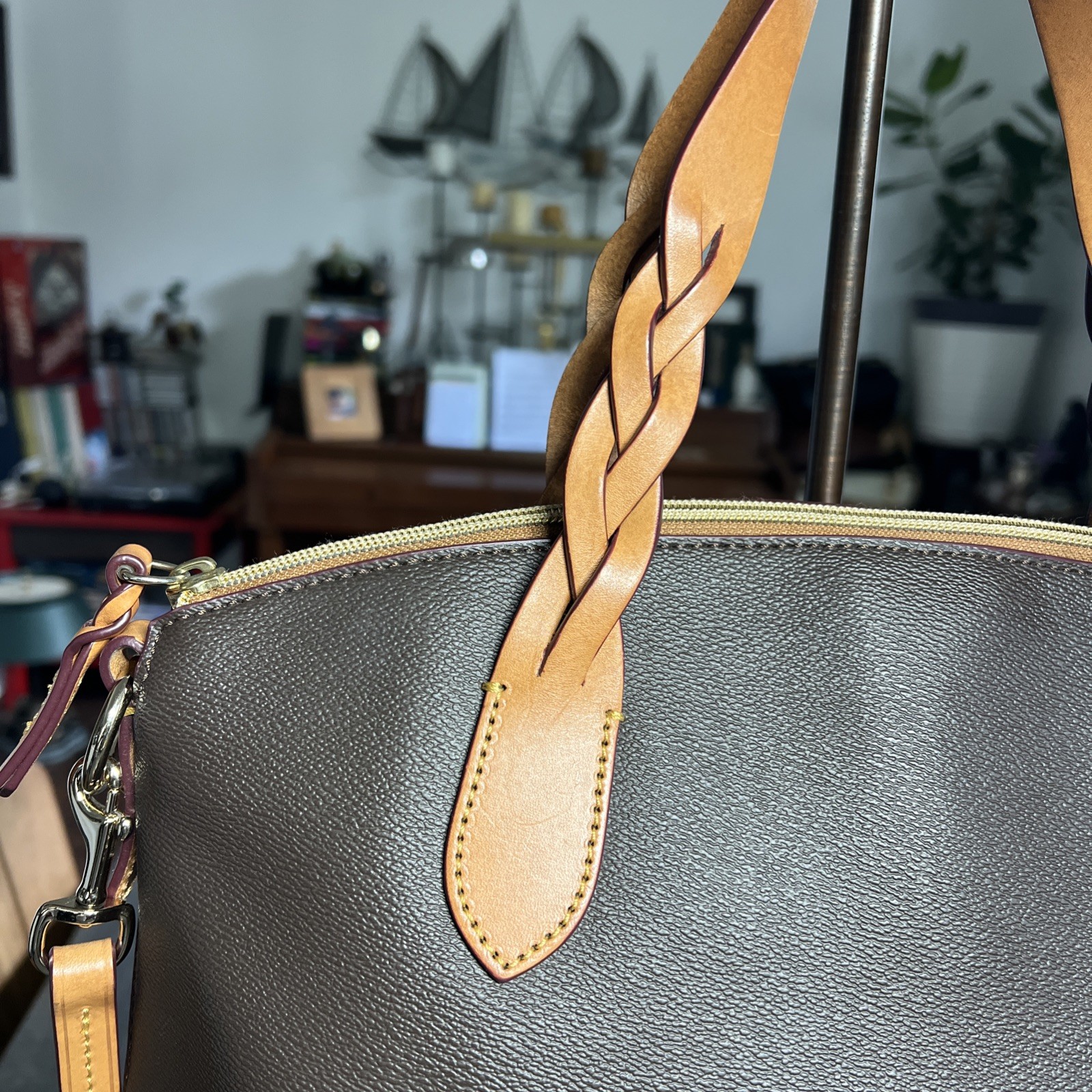Dooney& Bourke Celeste Satchel Bag Pebble Leather Brown Large Strap 10x12x7