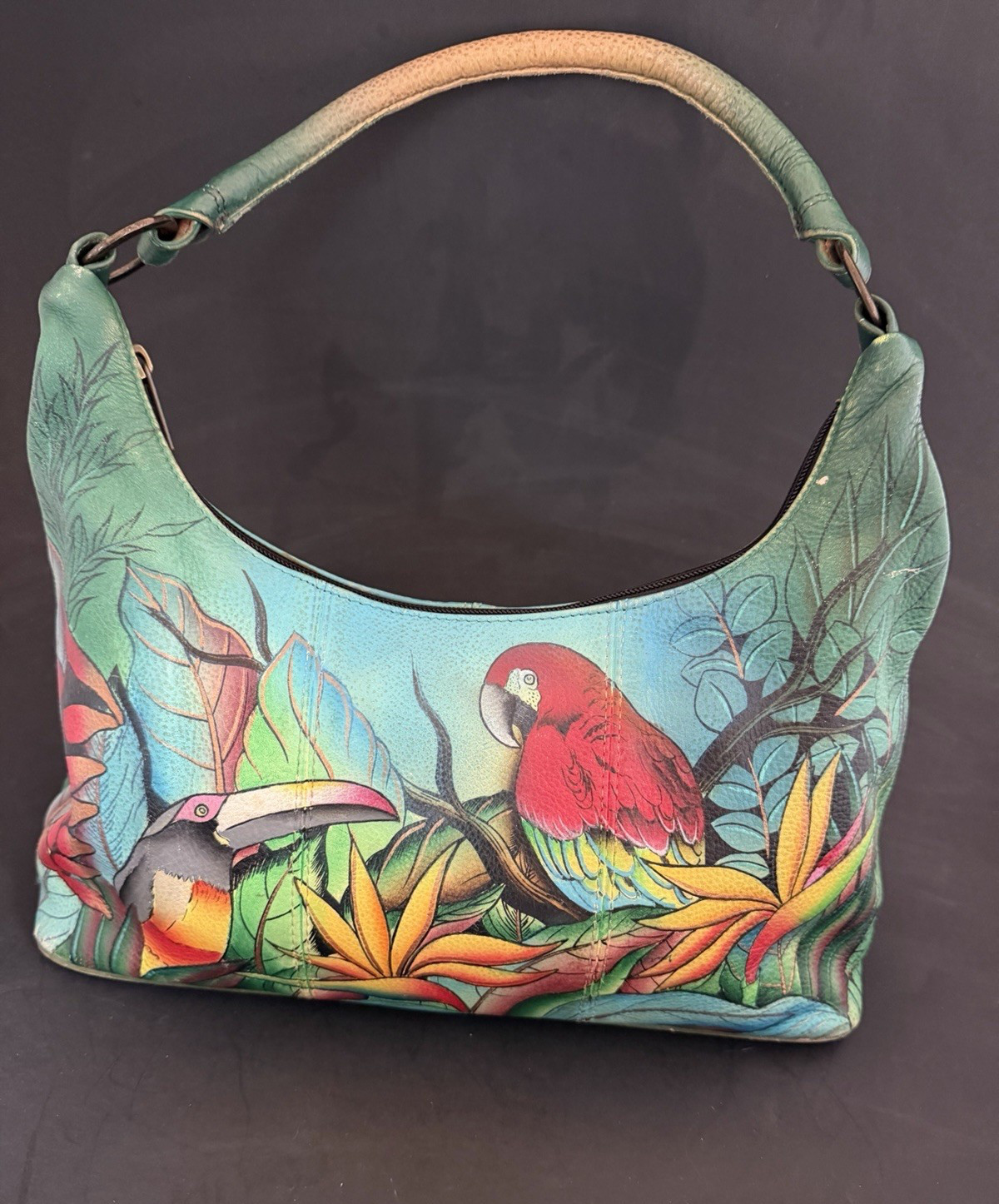 Anuschka Tropical Bliss Parrot/Toucan Birds Hand Painted Purse Shoulder Bag