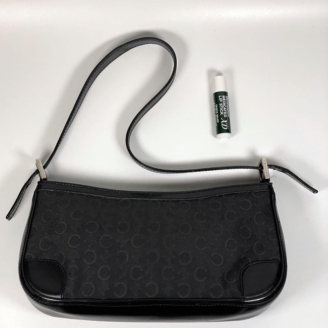 CELINE Shoulder Bag Purse Old C Macadam Canvas Leather Black Authentic