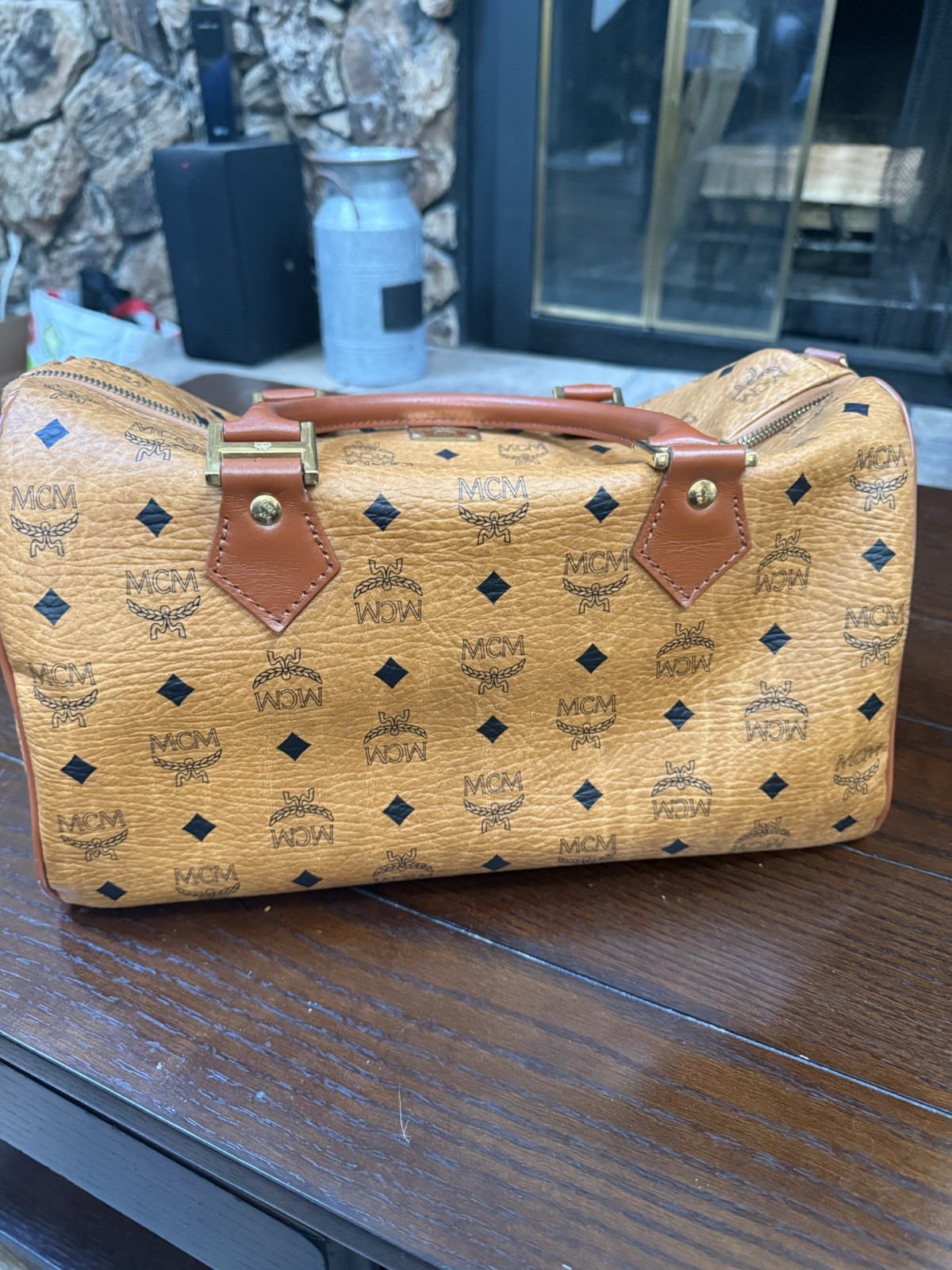 MCM Boston Bag Leather Visetos Pattern Brown Pre-owned, Slight Wear Japan