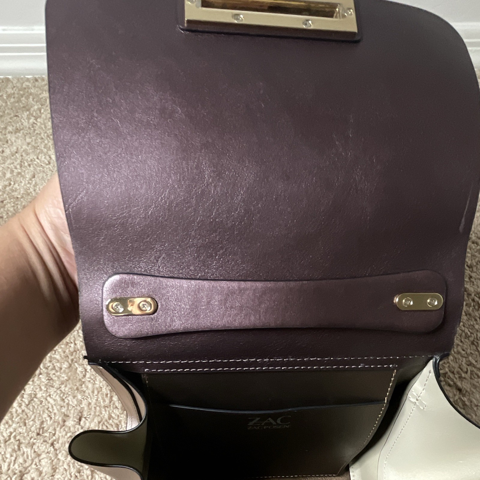 Zac Posen Brown Satchel Top Handle Detach Strap Turn Lock Gold Hardware Small