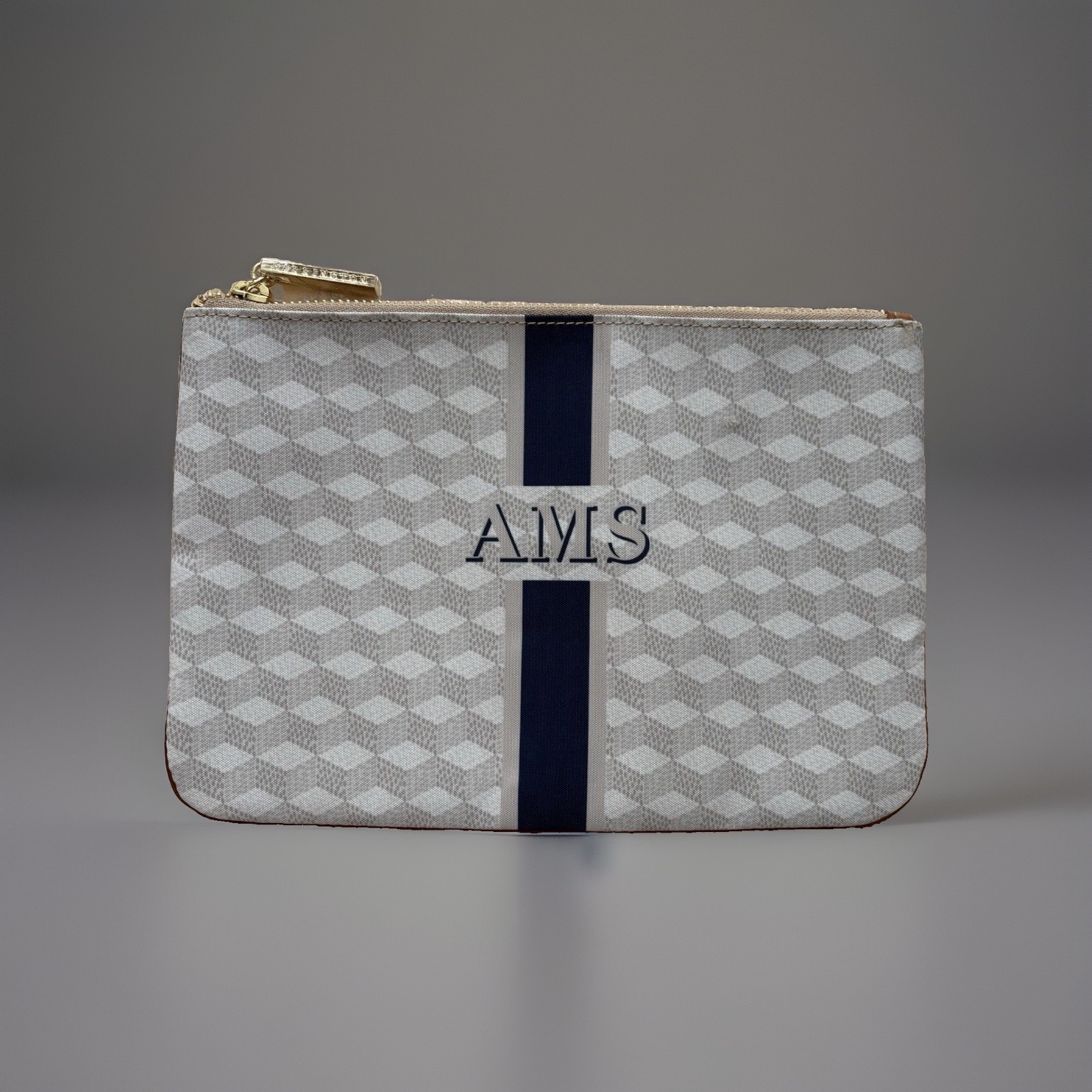 Barrington Gifts Zippered Pouch Monogram AMS Grey Geometric Cube Clutch Bag
