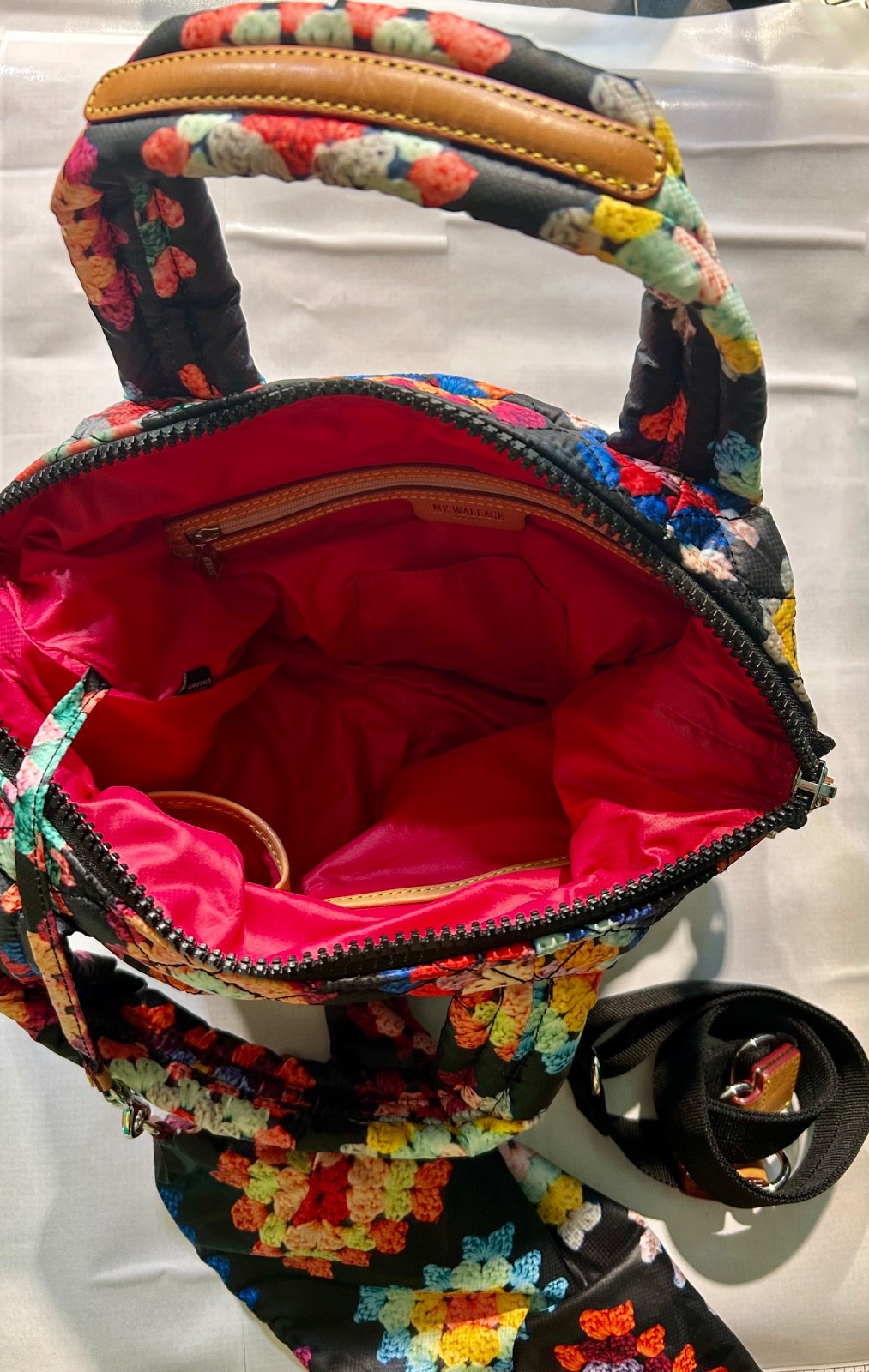 MZ Wallace Sutton deluxe rare crochet print excellent with pouch and strap