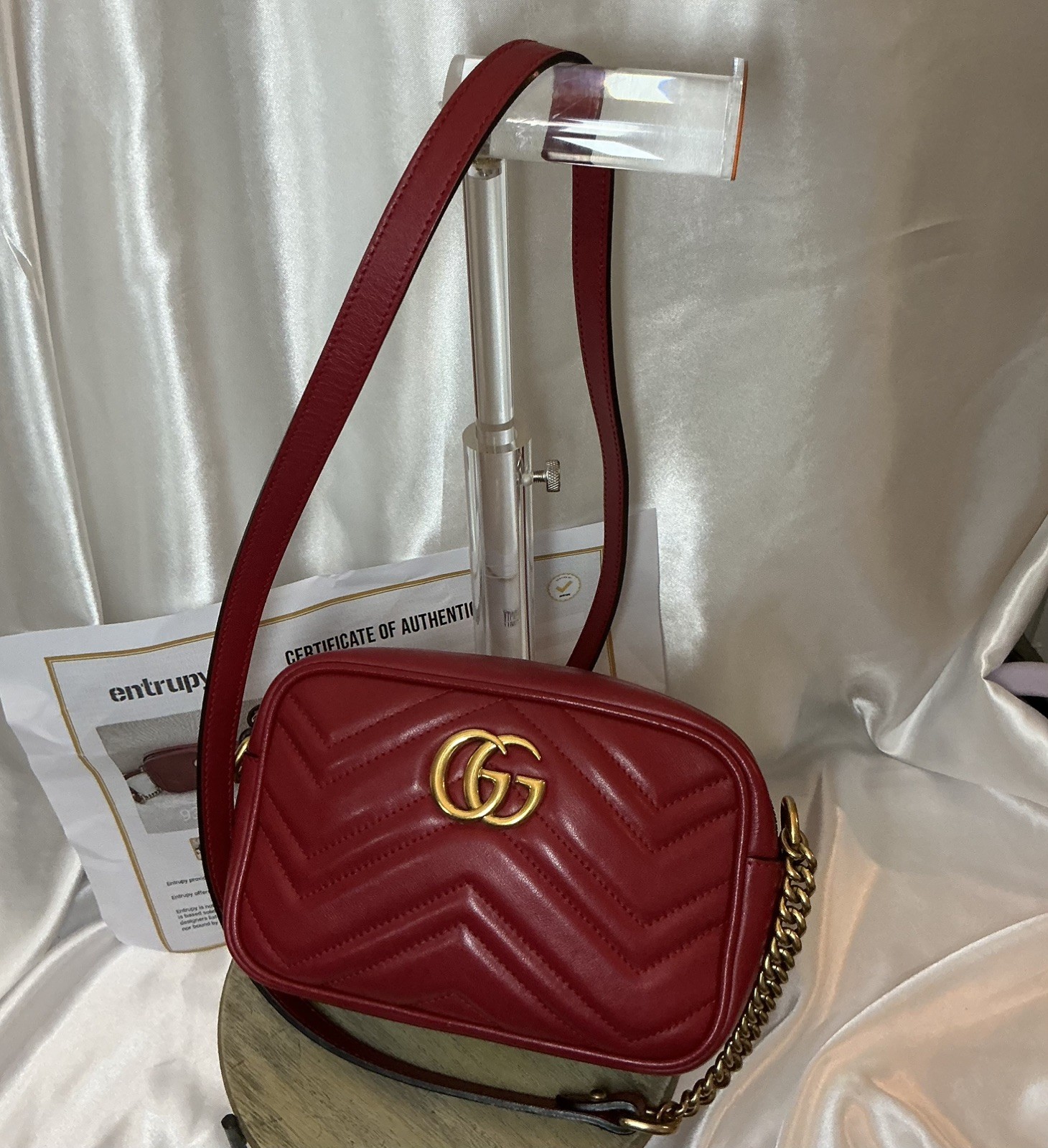Authentic Gucci GG Marmont 2.0 Red Leather Chevron Camera Crossbody w COA