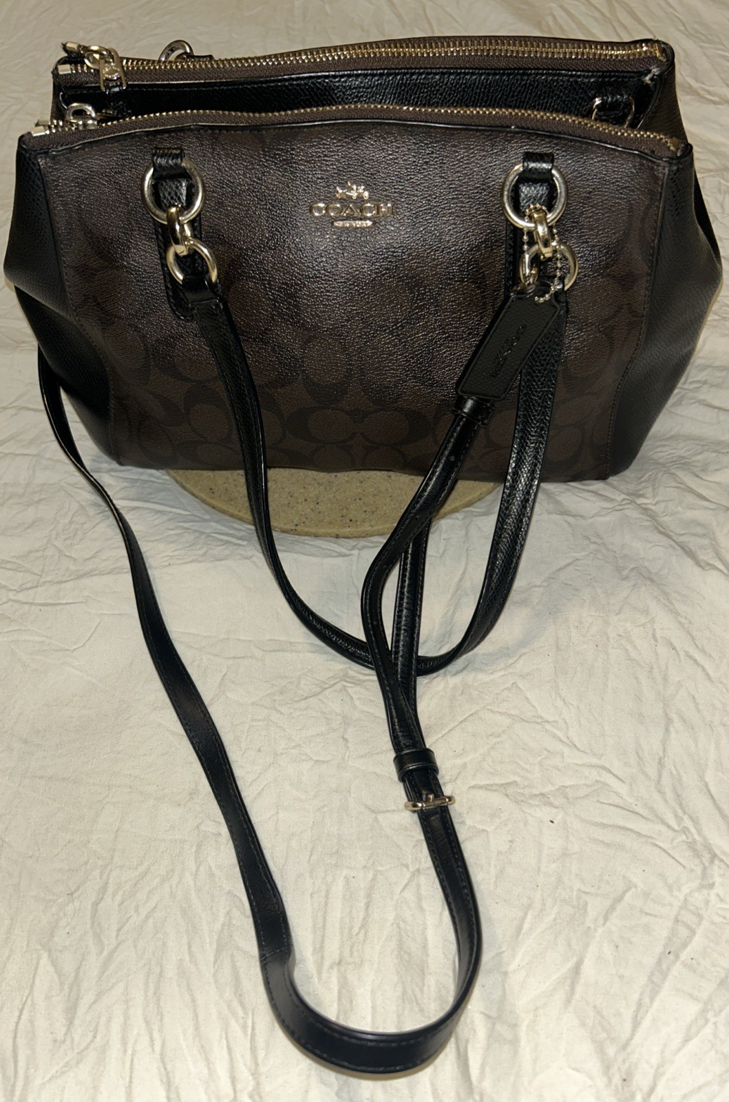 Coach Christie Carryall Brown Signature Coated Canvas Leather Trim W/charm