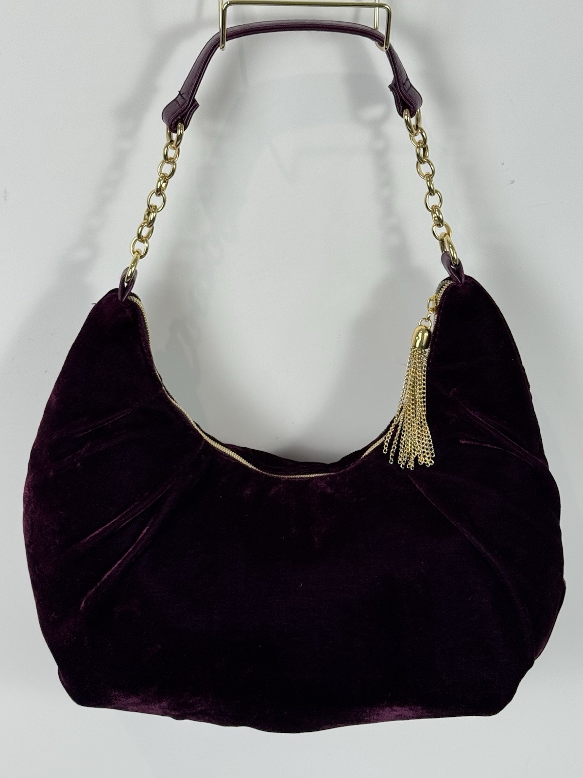 Vintage Dark Purple Velvet Shoulder Bag Gold Chain Tassel Pull EUC