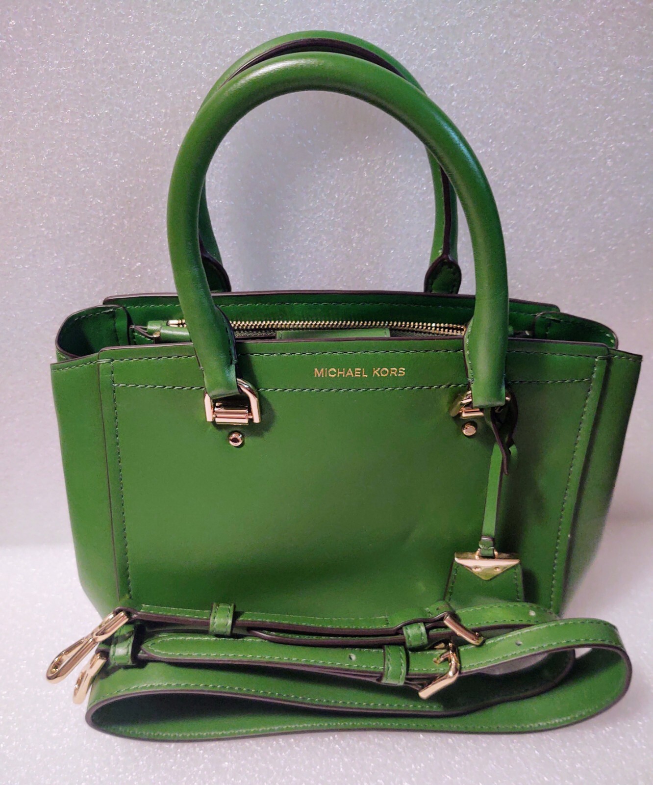 MICHAEL KORS “BENNING” MEDIUM GREEN LEATHER SATCHEL MESSENGER HANDBAG PURSE NWT