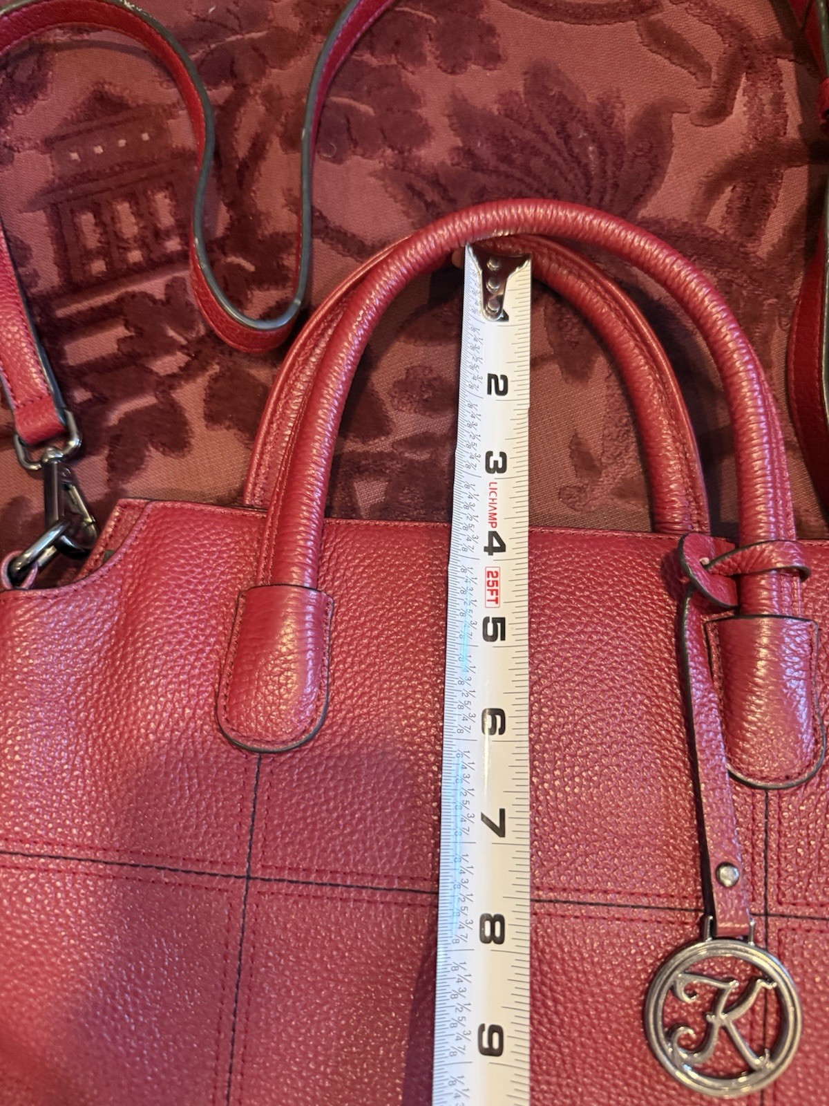 KATTEE Crimson Pebble LEATHER CROSSBODY/ 2 Handles/Pockets/ Feet EUC