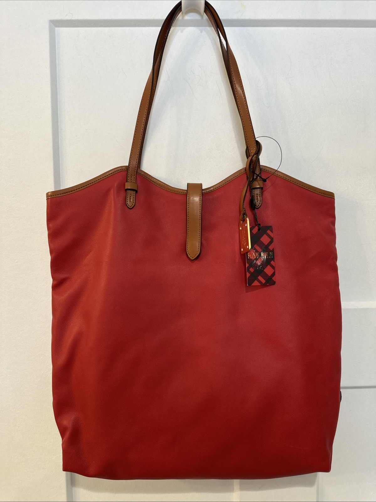 NEW Ralph Lauren Red Promenade Simple Leather Satchel Tote Large 16”x16”