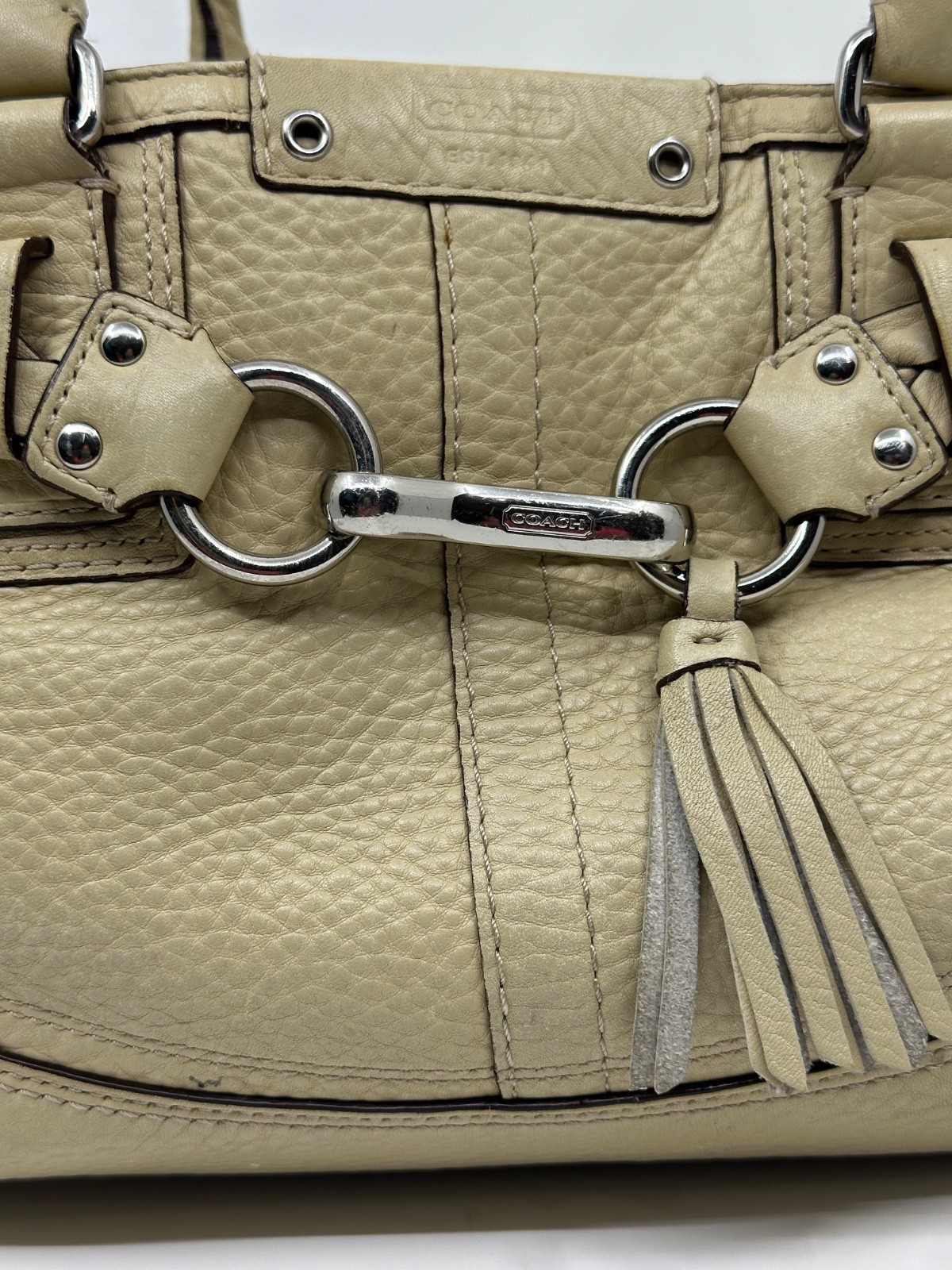 Coach Hampton F13084 Cream Pebbled Leather Braided Carryall Satchel Bag