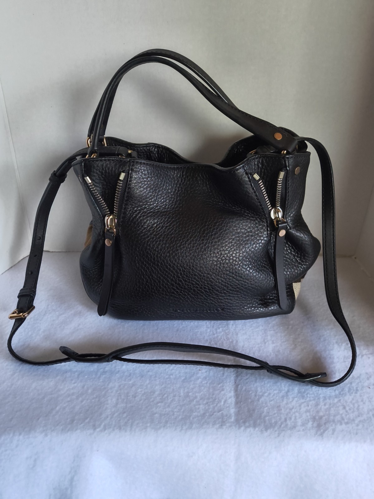BURBERRY Maidstone Black Leather House Check Canvas Med Tote Bag w/ gold accents