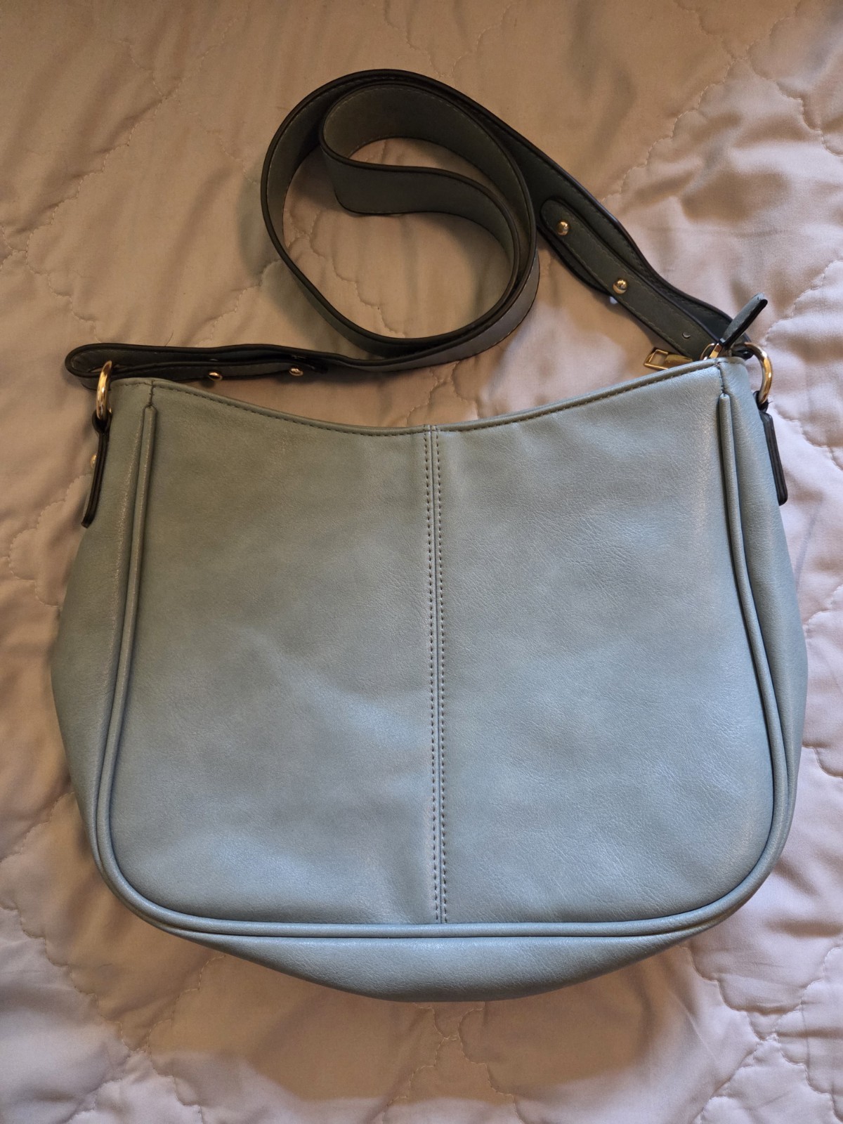 Women’s Blue Medium Crescent Crossbody Bag Zip Top Black Strap Gold Hardware