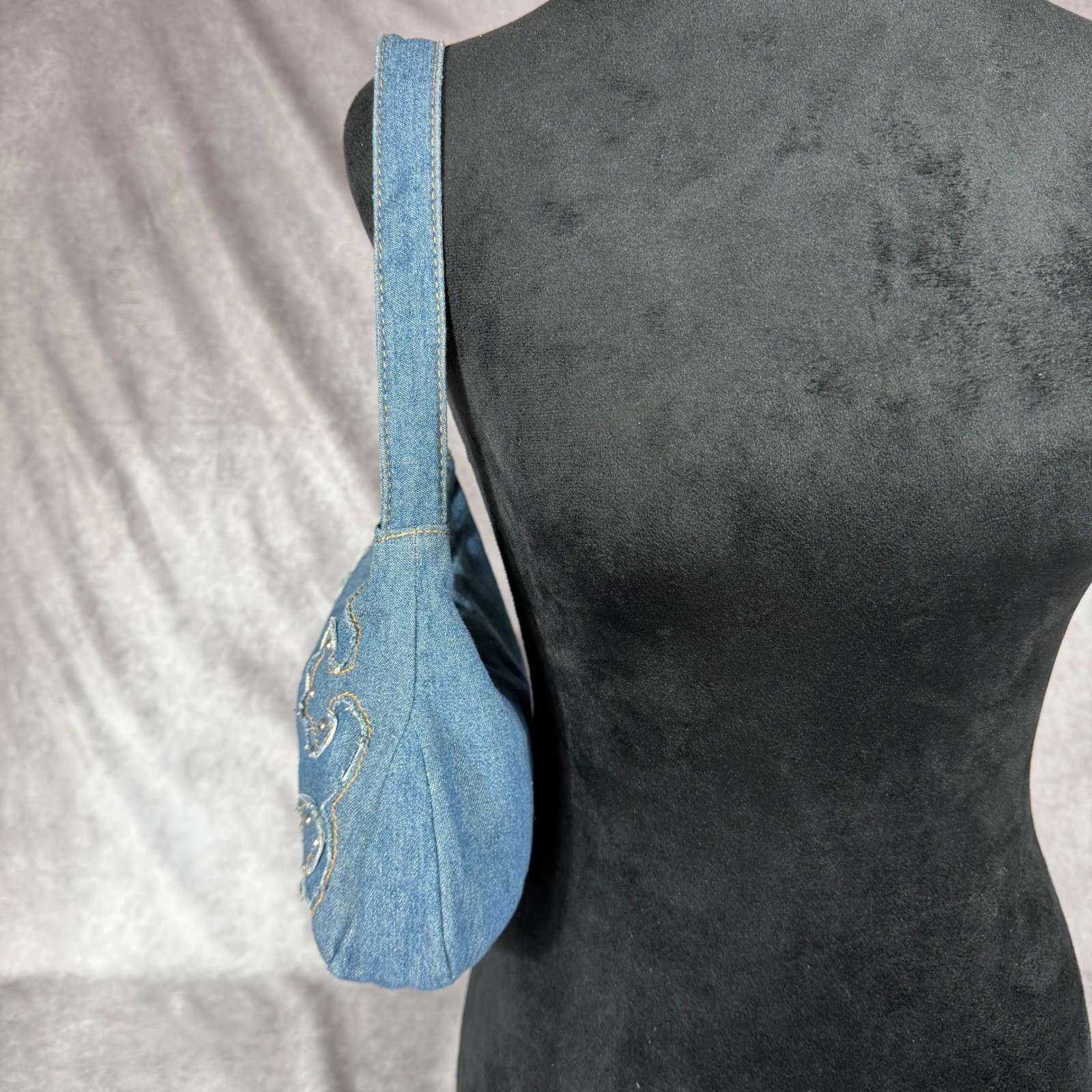 Vtg 90s Y2K Denim Shoulder Bag Studded Paisley Embroidered Baguette Purse Boho