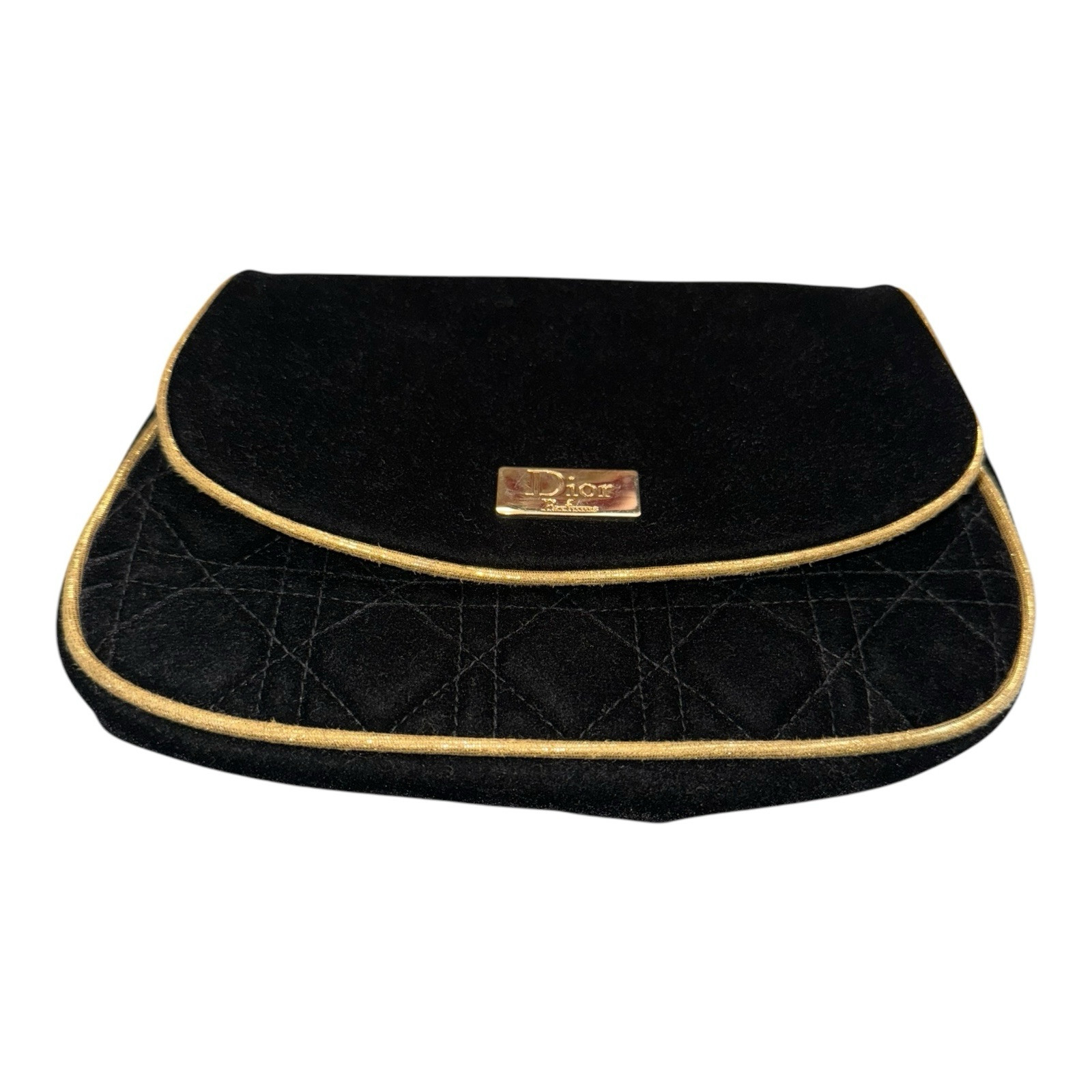 Vtg Authentic Dior Parfums Bag Black Velvet GoldTone Trim Clean 4″Wx9″Lx5 1/2″H