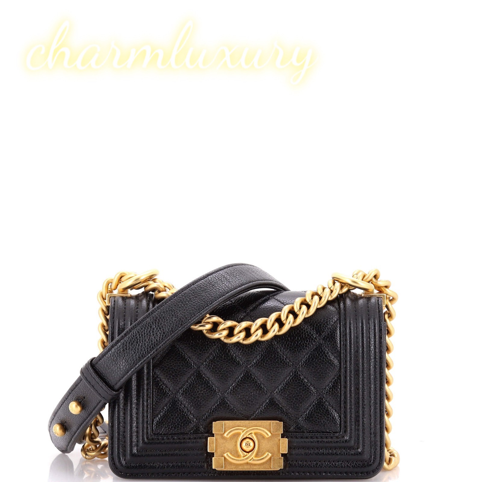 Authentic Chanel Le Boy Small Black Caviar Calfskin Gold Hardware