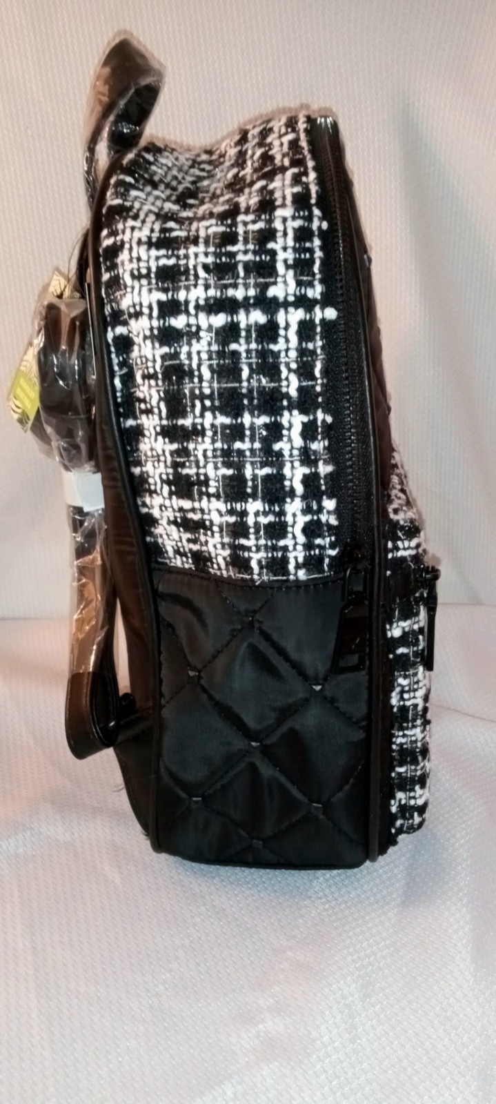 Badgley Mischka Black Quilted Nylon Mini Backpack Tweed Diamond Studs NWT