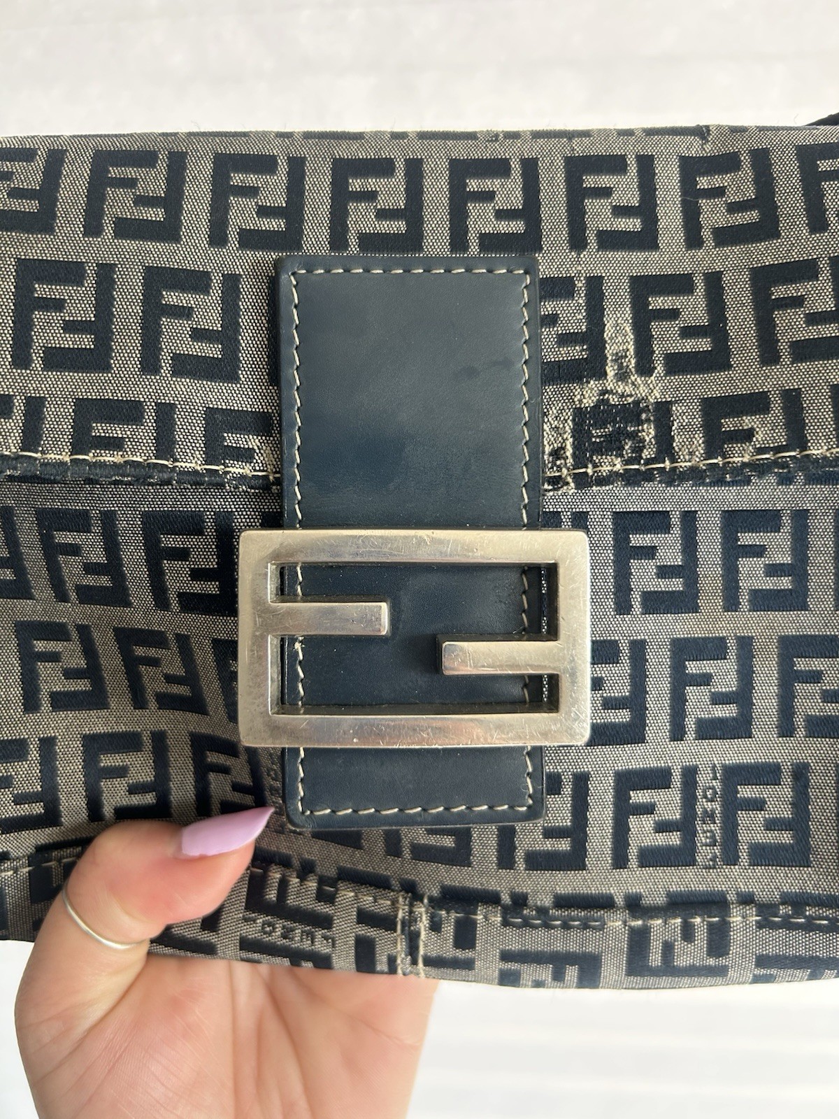 Fendi Zucca FF Monogram Small Baguette Shoulder Bag Navy/Grey Silver HW