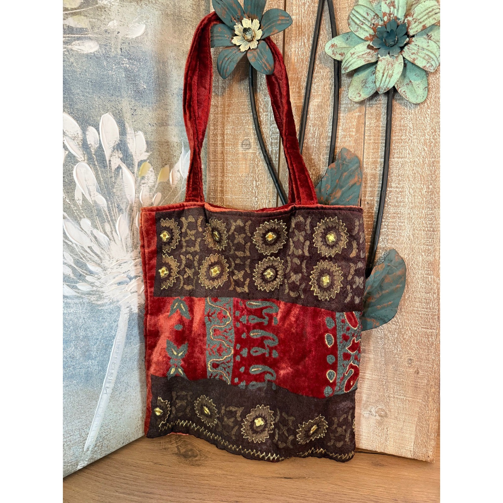 Milan + Lanie Burgundy Velvet Embroider Boho Tote Shoulder Bag Patchwork Floral