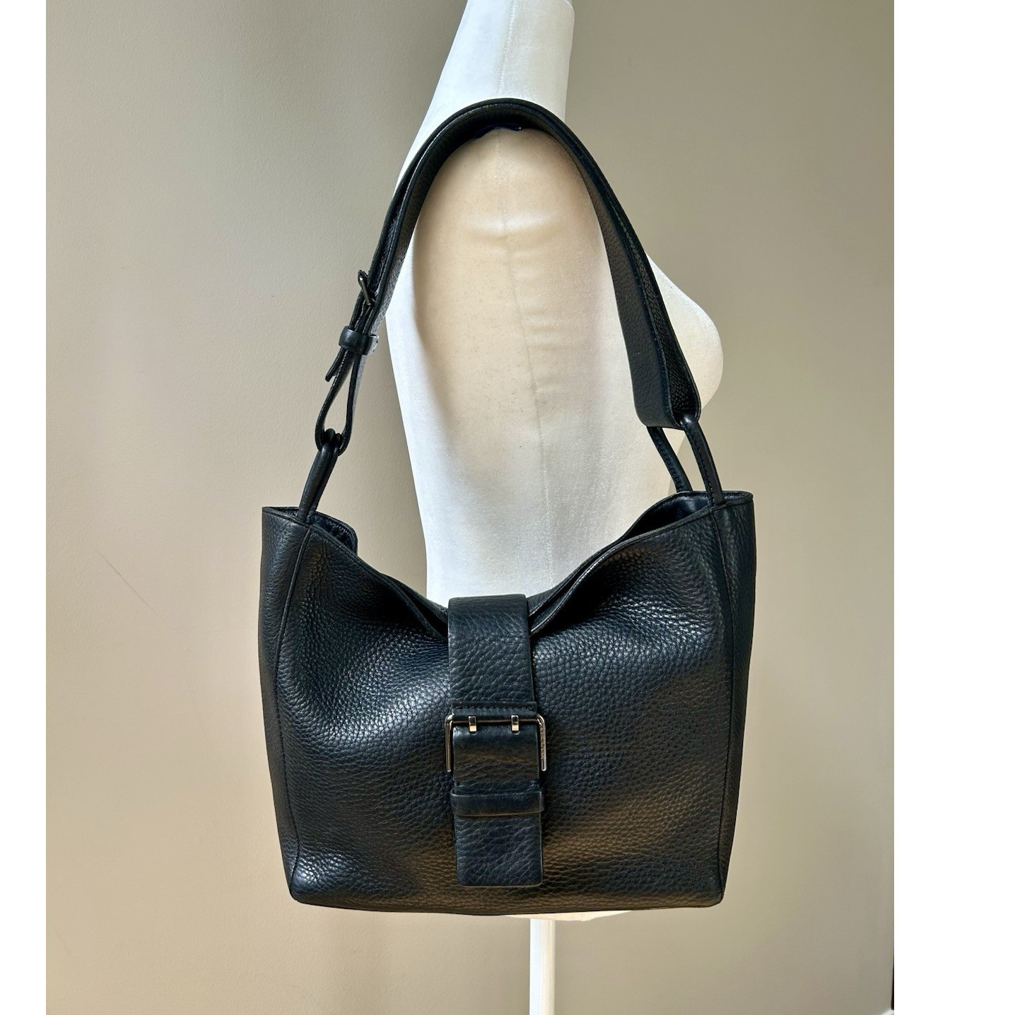 Via Spiga Black Pebbled Leather Buckle Slouchy Medium Shoulder Bag