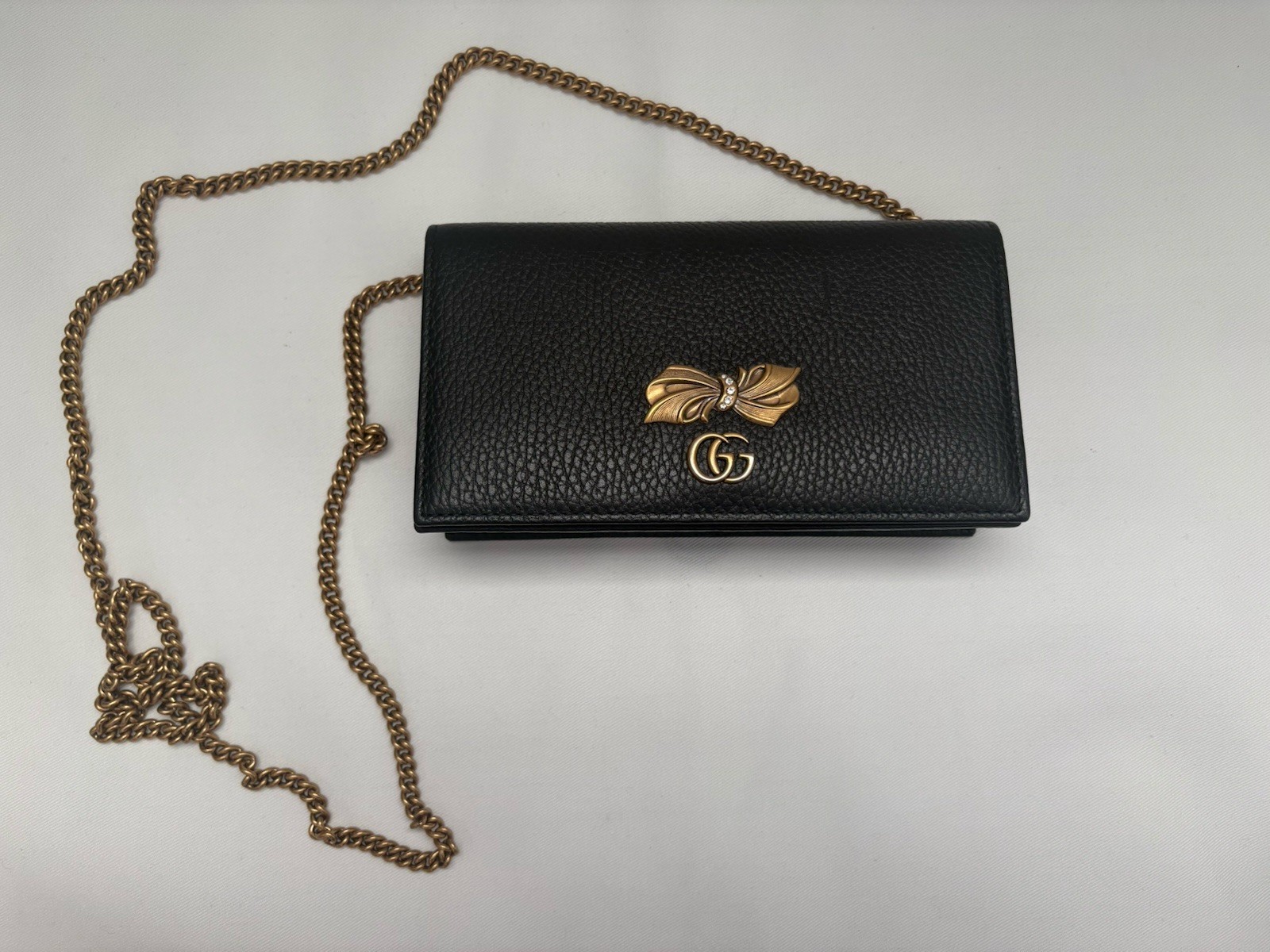 Gucci Marmont Bow Black Leather Clutch Wallet On Chain Gold GG Crossbody Bag