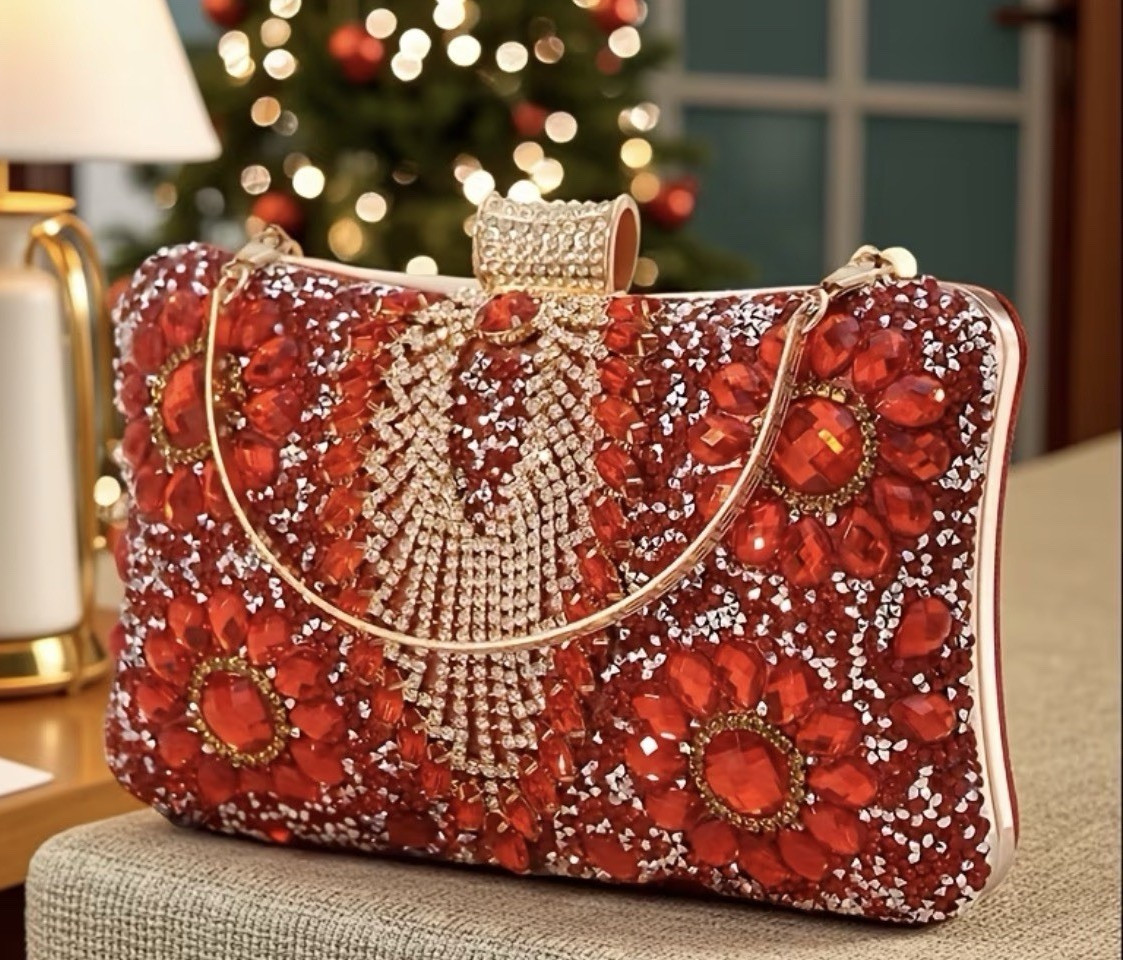 Women’s Red/Silver Floral Crystal Beaded Clutch, Clasp, Chain