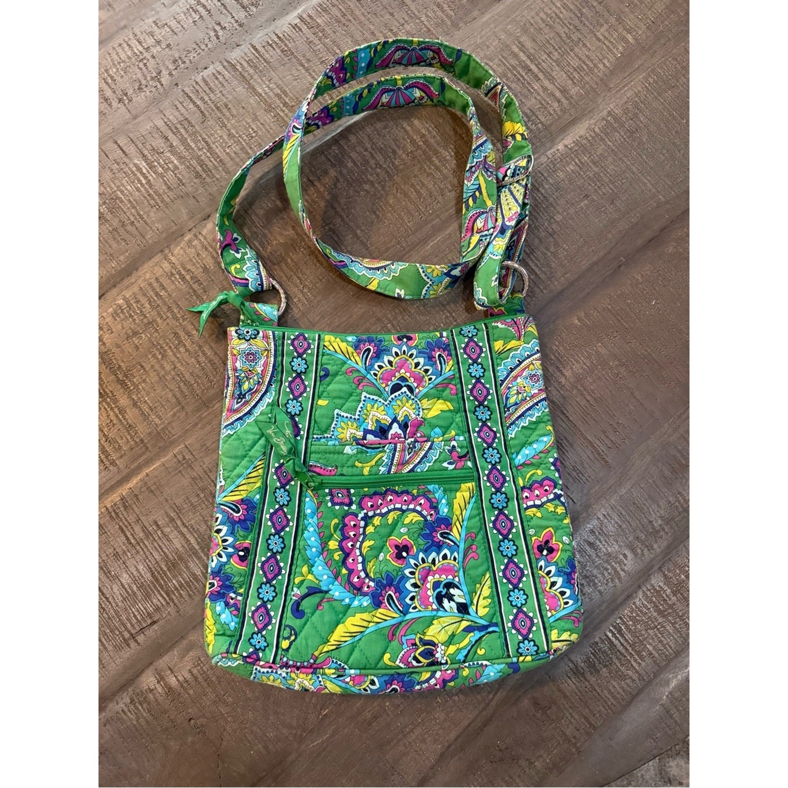 Vera Bradley Green Paisley Quilted Crossbody with Pink & Yellow Accents