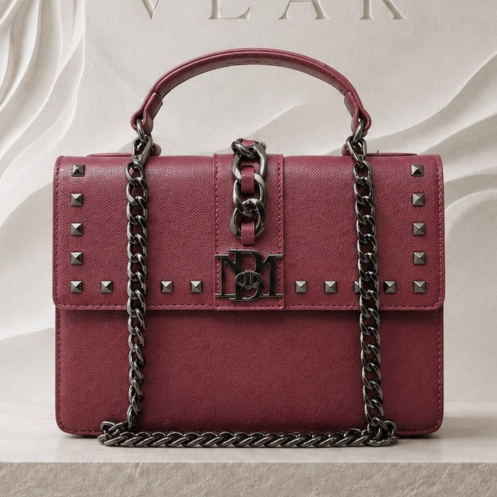 Badgley Mischka Burgundy Studded Small Satchel Top Handle Detachable Strap