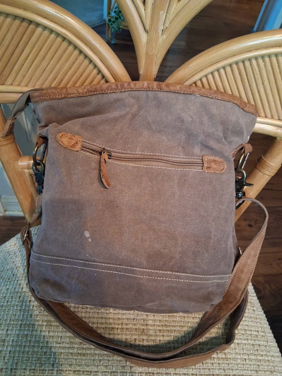 Myra Bag Tribal Aztec Front Pocket Upcycled Canvas Cowhide Leather Shoulder Bag