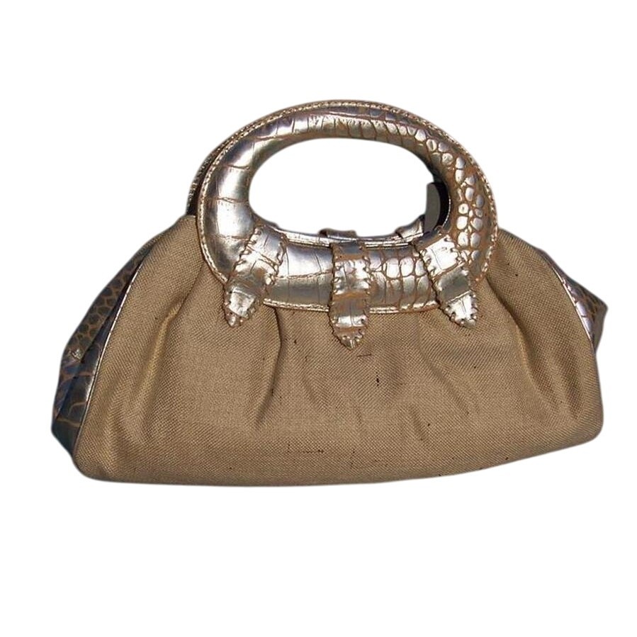 Donald Pliner Gator Metallic Leather Silk Linen Purse Handbag Large Tote $425