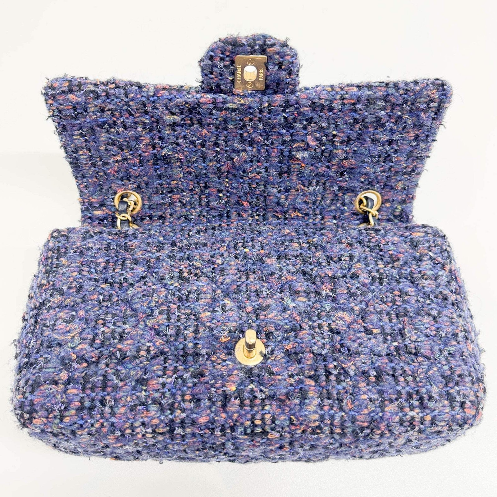 CHANEL Classic Flap 2018-2019 Matelasse Navy Blue Tweed Shoulder Bag