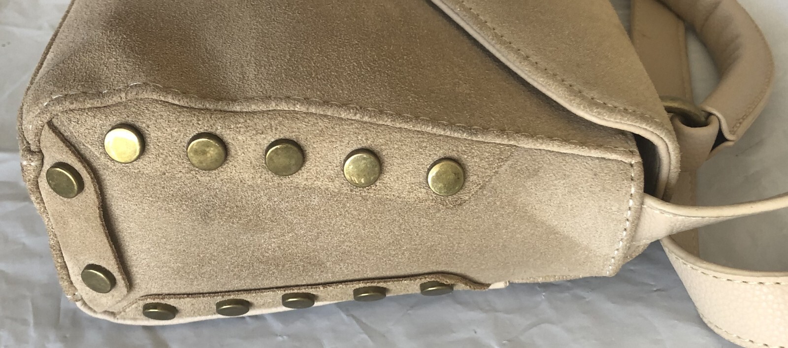 Lionel Beige Suede Crossbody Purse Handle Stud Accent Latch Close Adjust Strap