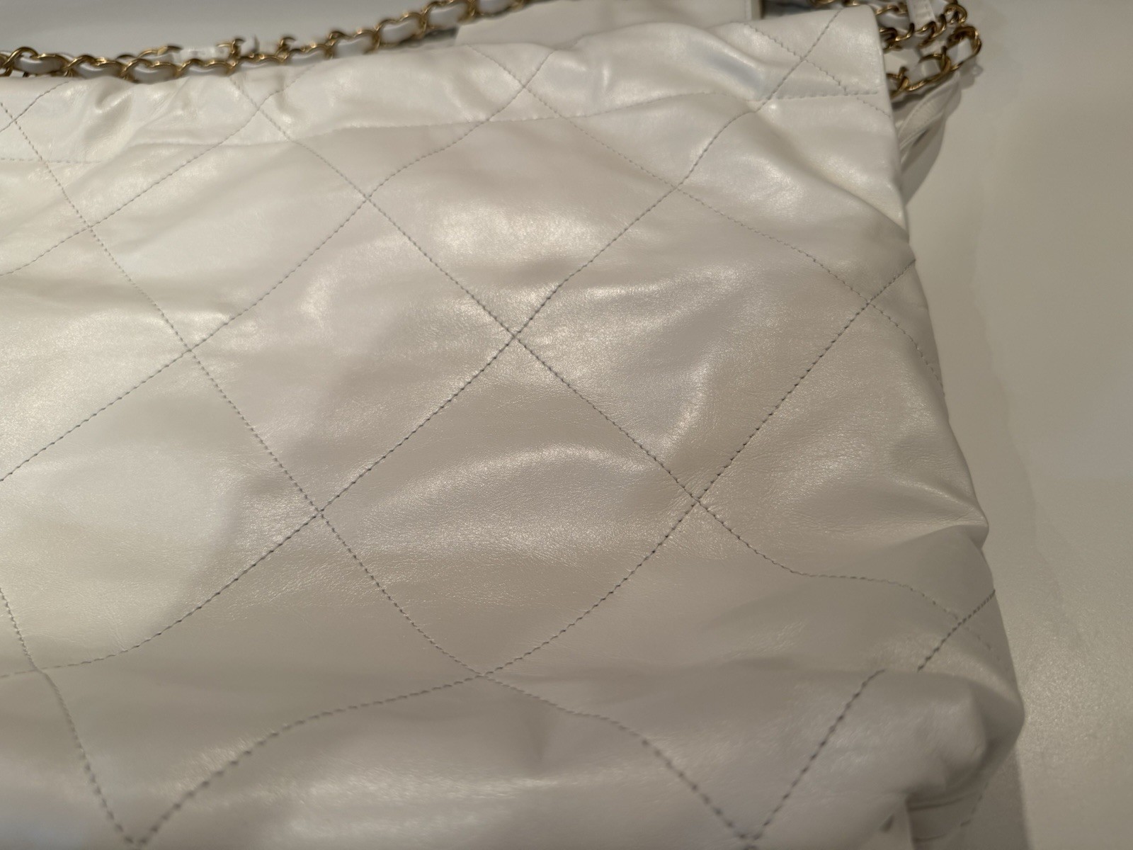 Authentic CHANEL 22 White Calfskin Leather Bag With Gold Hardware