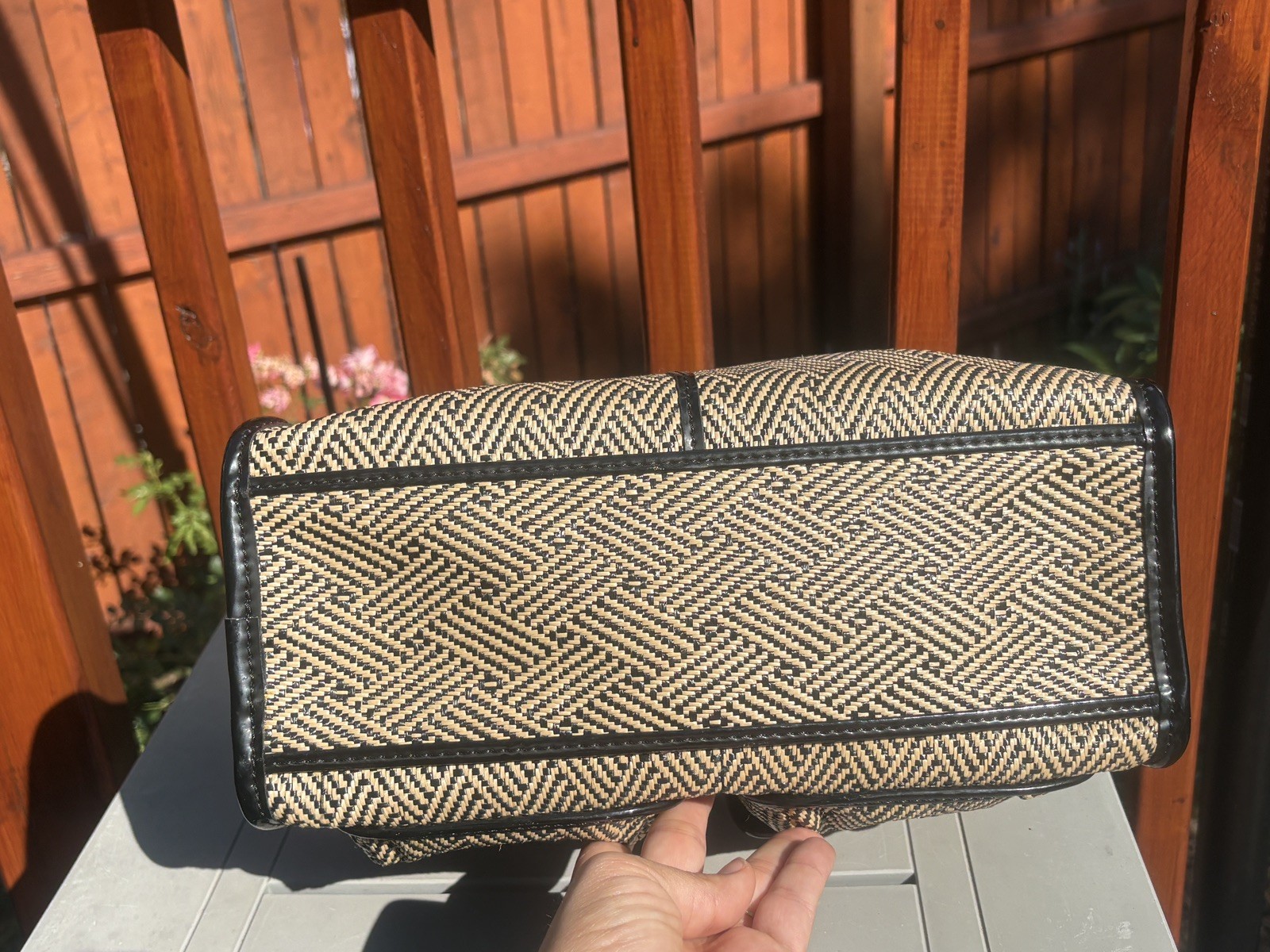 Talbots Navy Tan and Black Woven Rattan Bag with Natural Bamboo Handle Vintage