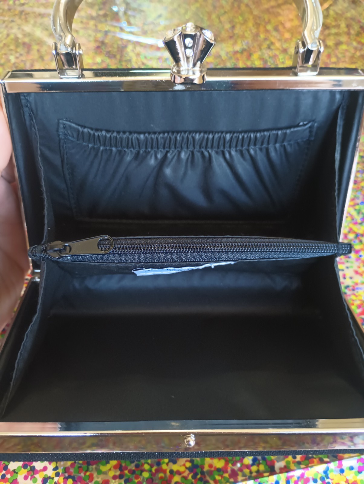 Debbie Brooks Black Yellow Silver & Gold Patent Leather & Chrome Evening Bag